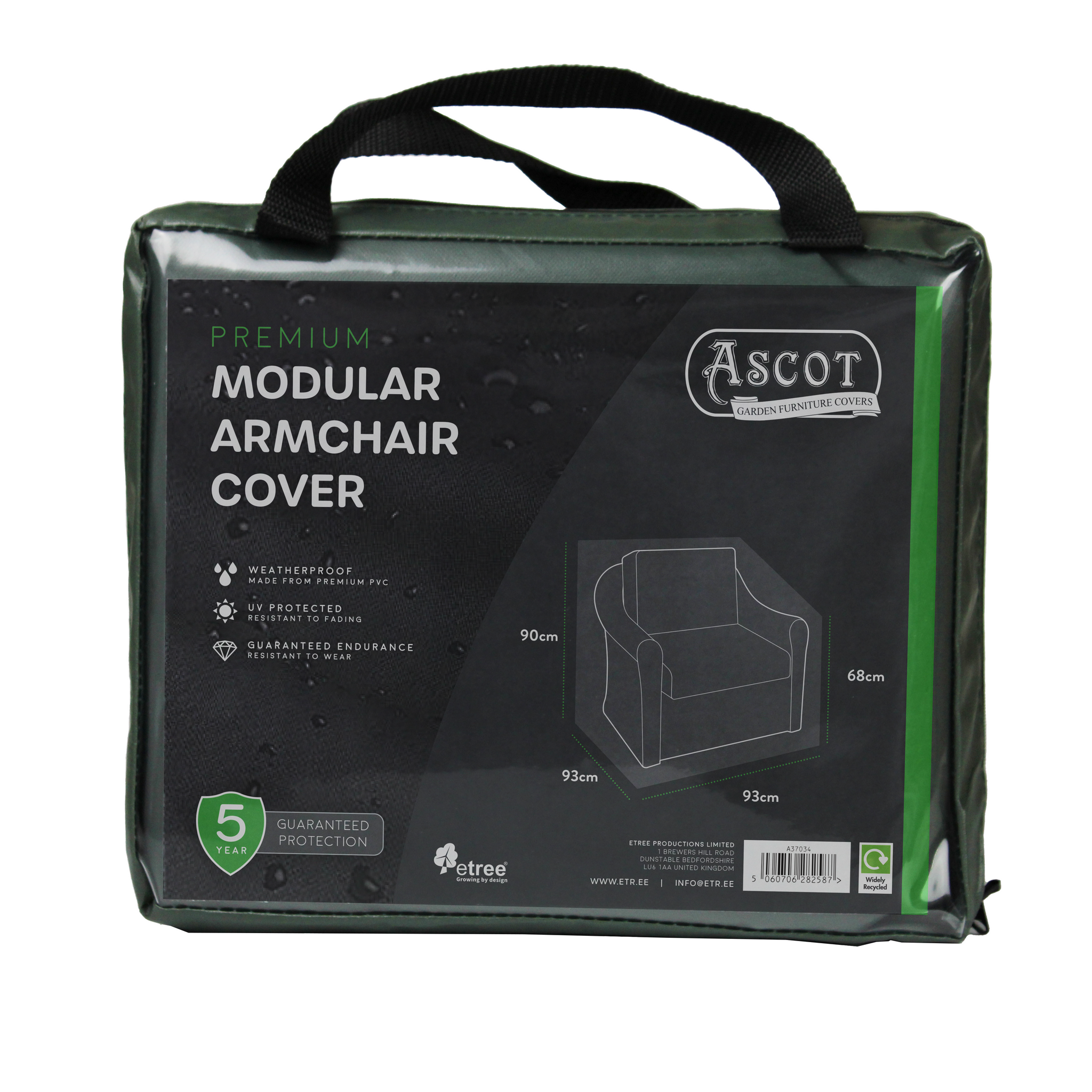 This package contains the Premium Modular Armchair Cover in green, featuring handles and UV-protected PVC for exceptional outdoor protection. Designed to fit 93cm x 93cm x (68/90)cm H, it sports a brand logo and a weatherproof symbol with an armchair line drawing.