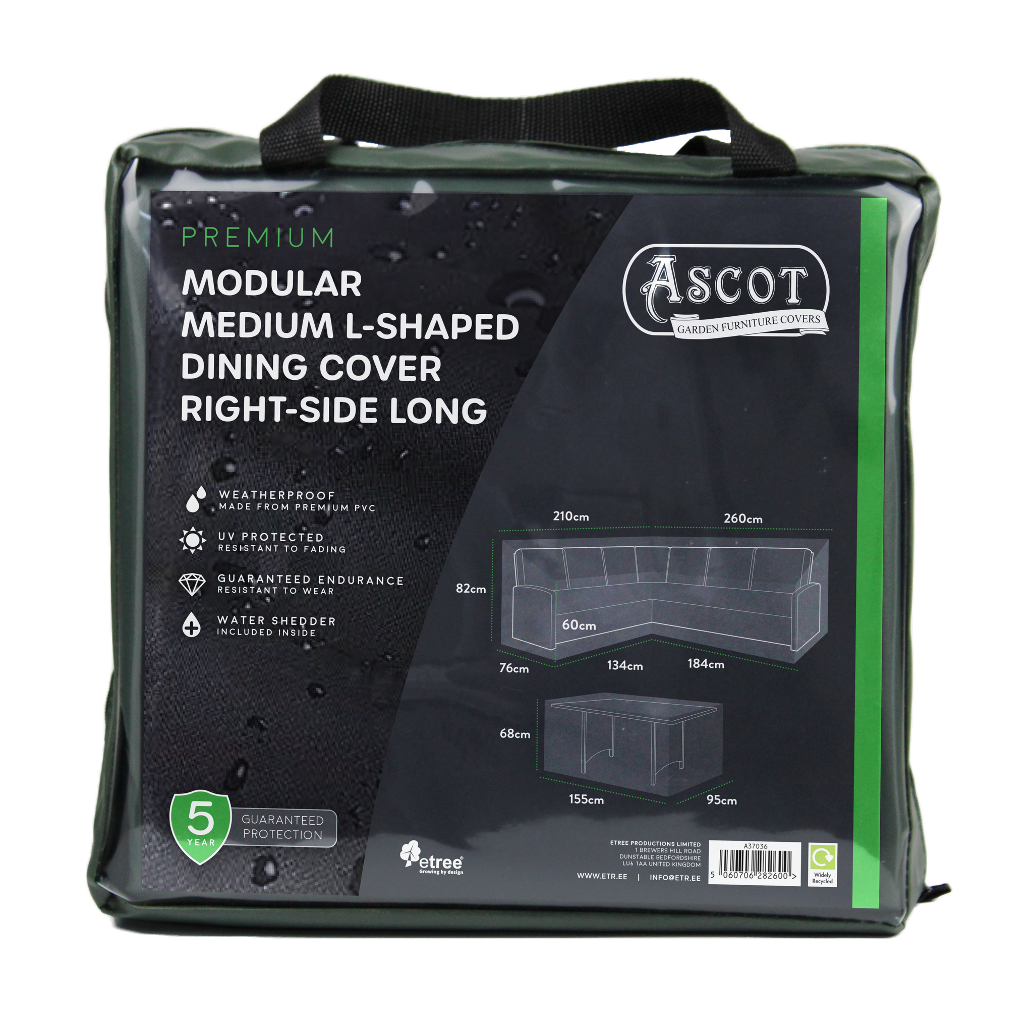The Premium Modular Medium L Shaped Dining Cover (right side long) in green, 260/184 x 210/134 x 76(D) x 60/82(H), is weatherproof, UV protected, and has a 5-year guarantee—ideal for garden tables up to 155 x 95 x 68 H.