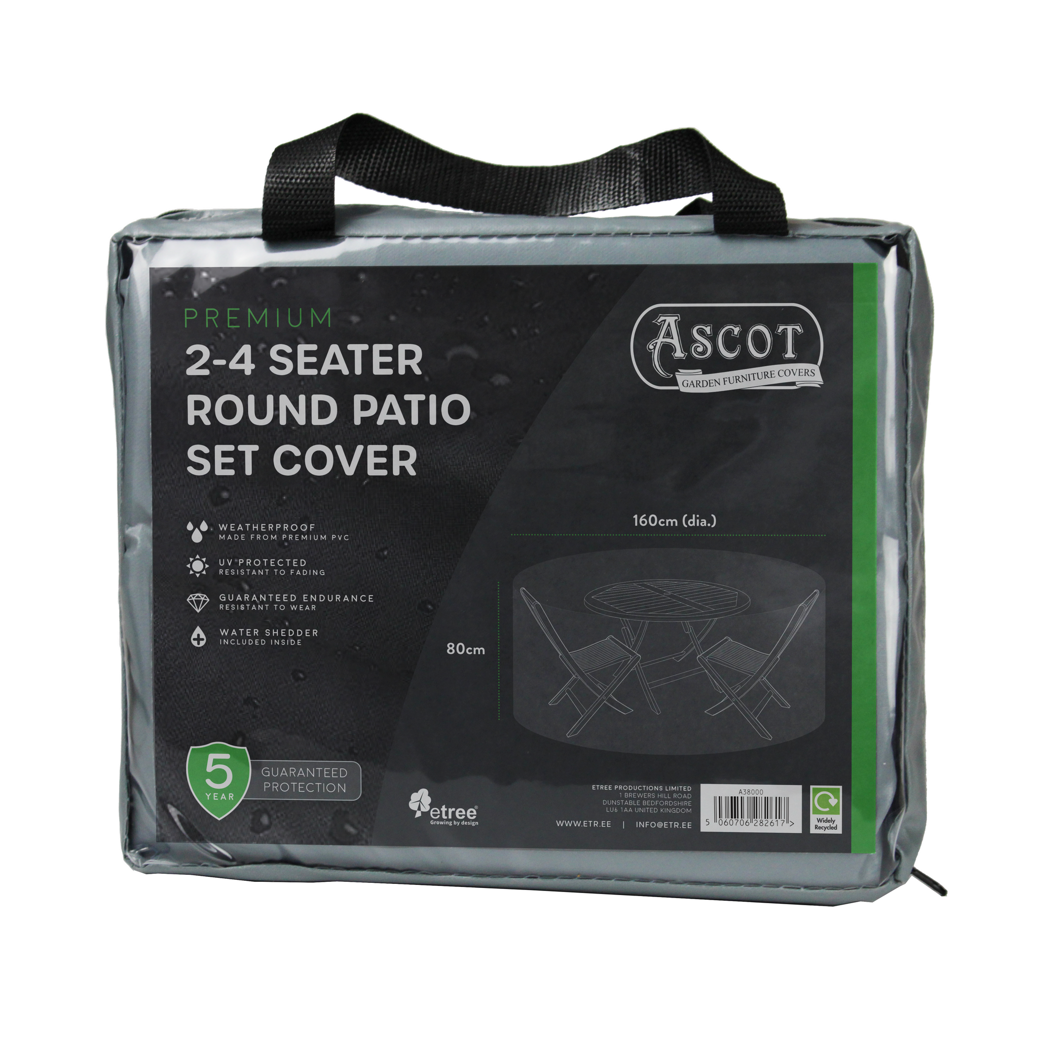 A packaged Premium Small (2-4 seater) Round Patio Set Cover in grey, 160(Dia.)x80(H) cm, featuring waterproof, UV-protected PVC for outdoor furniture protection. Includes black handles, a 5-year guarantee, and an illustration of a covered set.