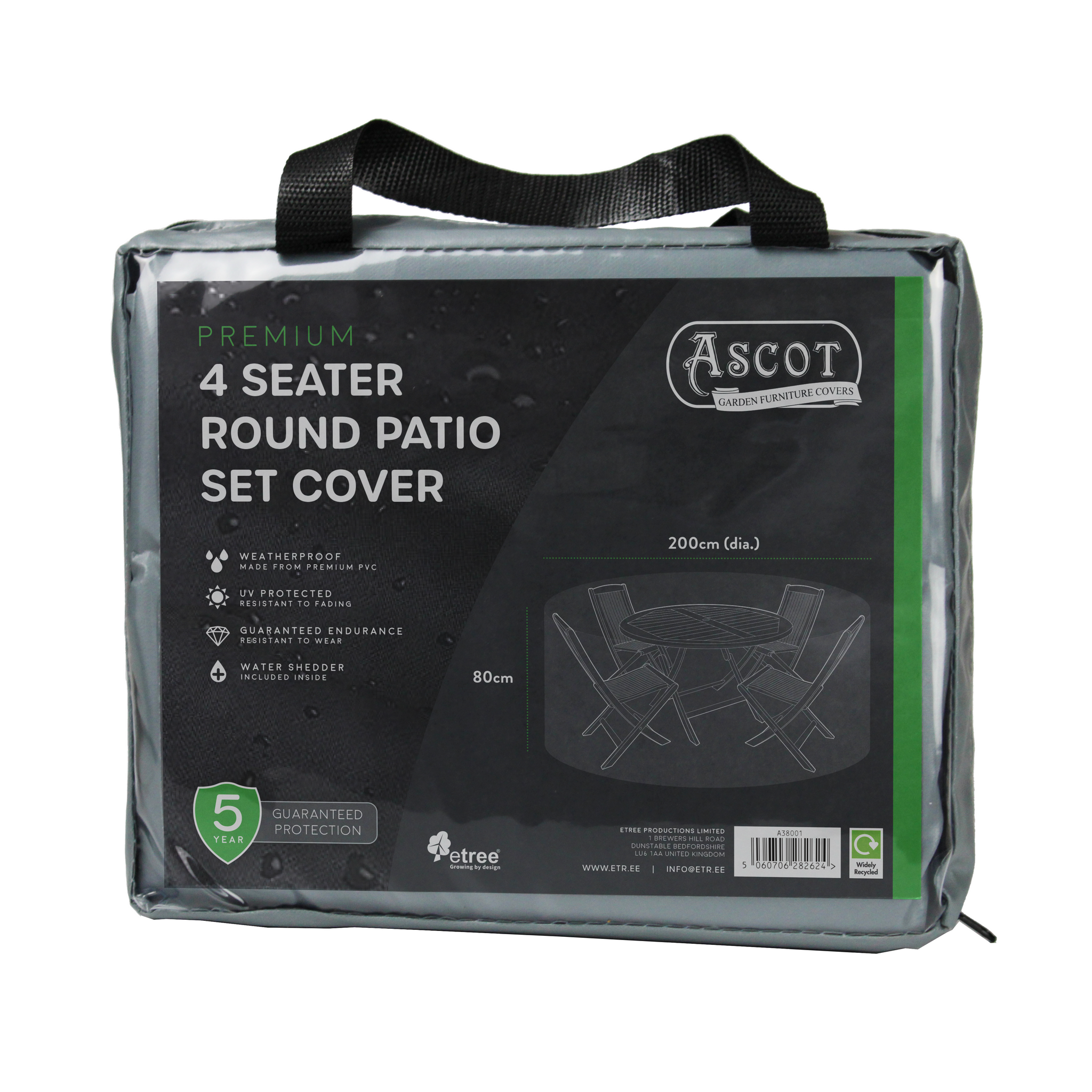 A packaged Premium 4 Seater Round Patio Set Cover (200 x 80 cm, Grey) displays product details on the front, including UV-protected PVC, waterproof protection, a 5-year guarantee, and a graphic of a covered patio set.