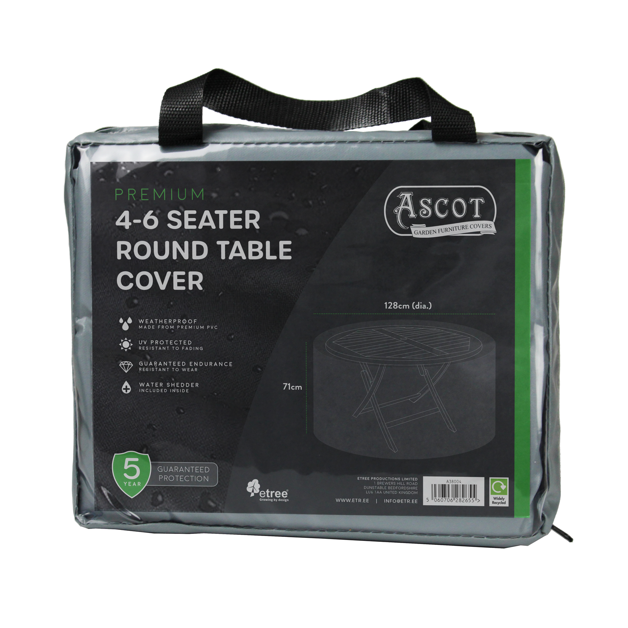 The product packaging for the Premium 4-6 Seater Round Table Cover features a UV-protected, weatherproof, and waterproof design crafted from PVC. It comes with a 5-year guarantee. The packaging includes a diagram showing dimensions of 128 cm in diameter and 71 cm in height, with the cover available in grey.
