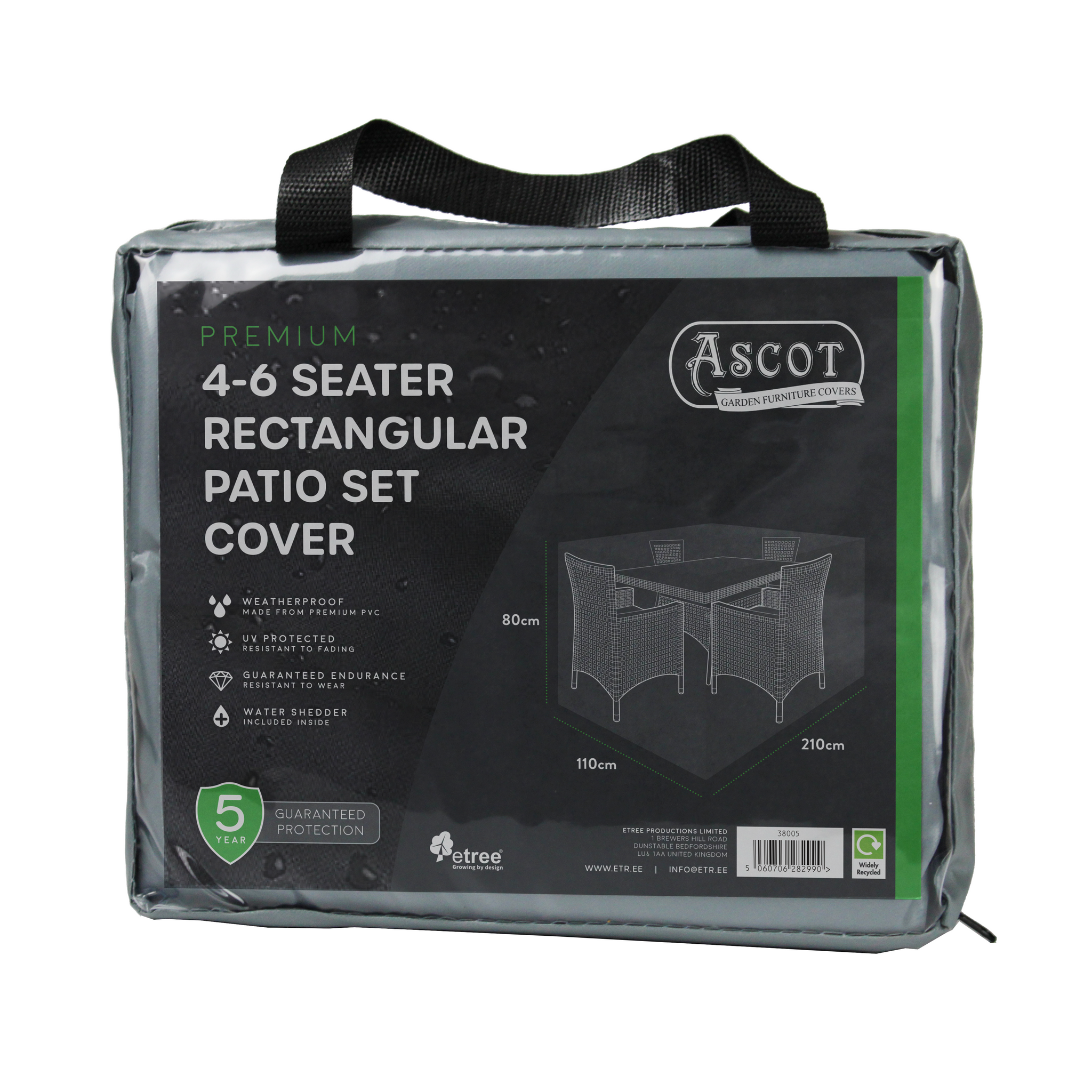 A packaged Premium Medium (4-6 seater) Rectangular Patio Set Cover in grey for garden furniture protection, featuring product details, icons, and dimensions (210 x 110 x 80 cm) on the front. The waterproof cover has a black handle on top.