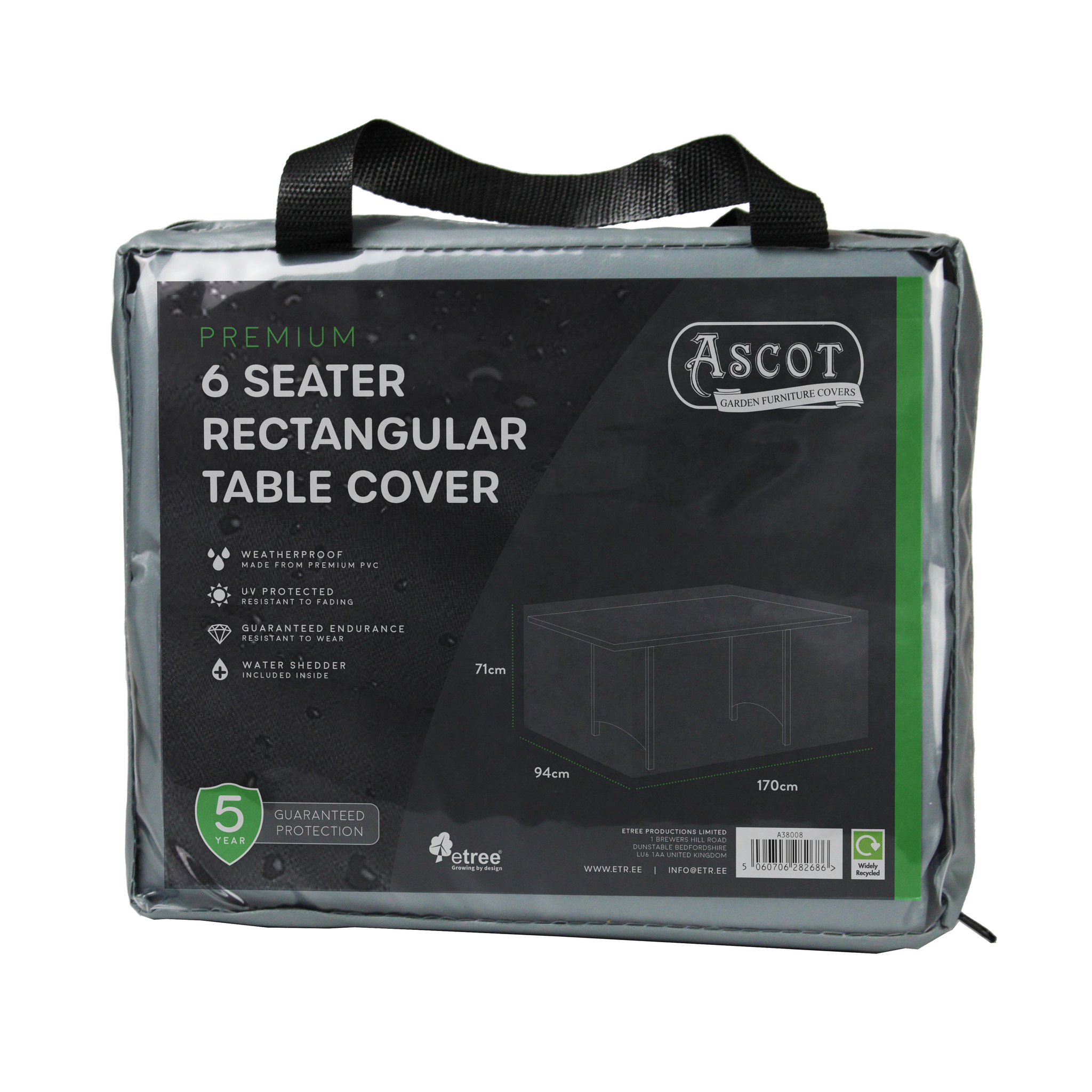 Discover Ascot's Premium Rectangular 6 Seater Table Cover, measuring 170 x 94 x 71 cm. This grey cover is crafted from UV-protected PVC, providing waterproof protection and climate endurance. It includes a convenient carry handle and comes with a 5-year guarantee for ultimate outdoor furniture care.