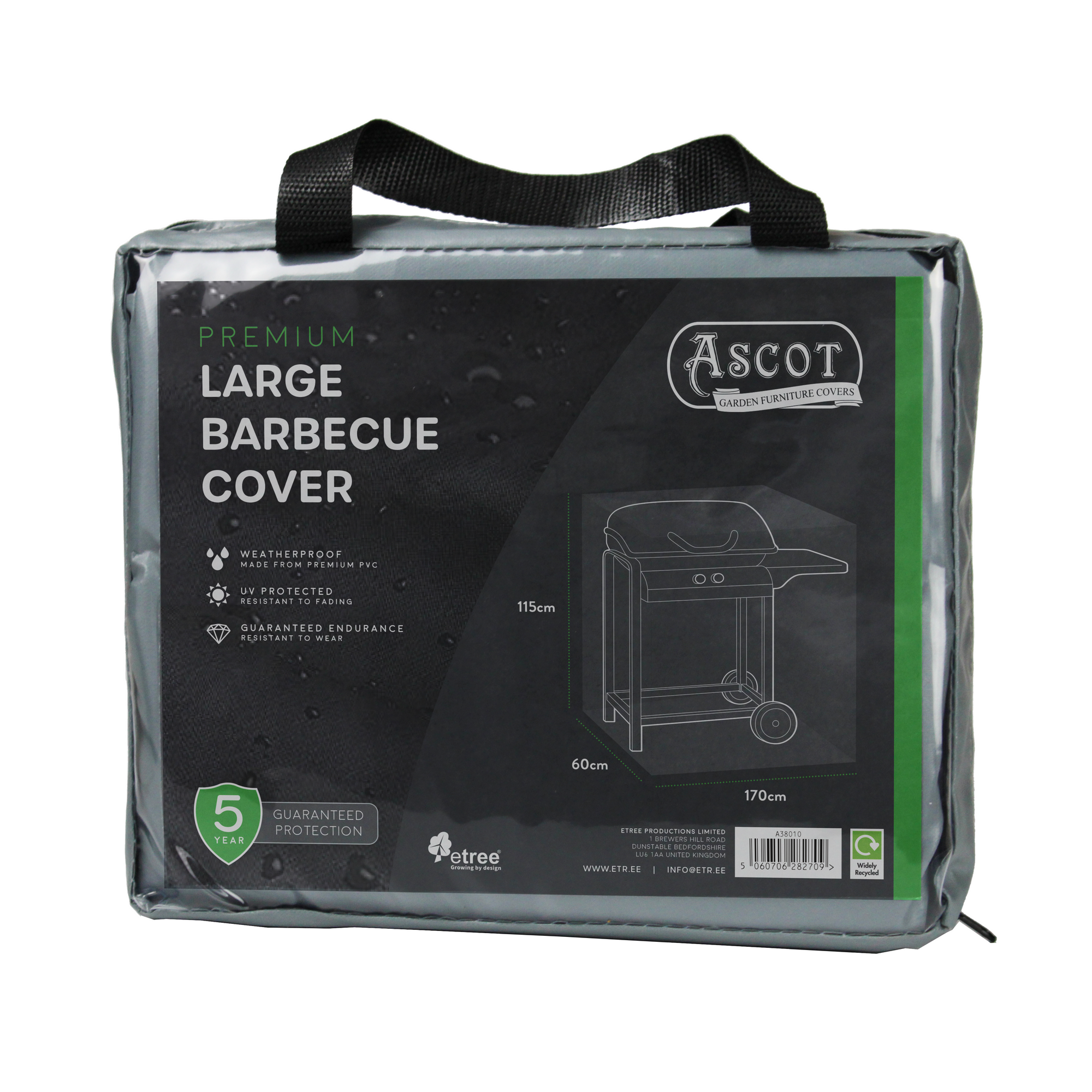 The Premium Large Barbecue Cover, measuring 170x60x115cm, is designed to protect outdoor furniture. It's weatherproof and UV-protected. The grey packaging features a black handle with illustrations and logos.