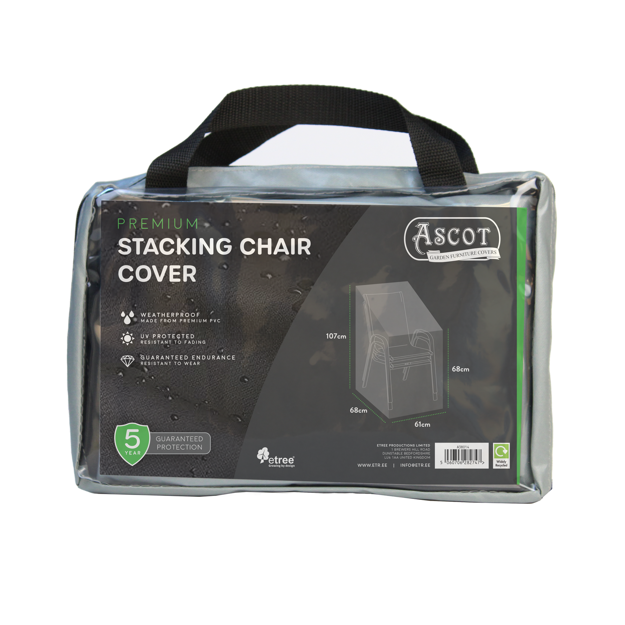 The image displays the Ascot Premium Stacking Chair Cover, 61 x 68 x 68/107 cm in grey, packaged in clear plastic with a black handle. It features UV-protected PVC and waterproof protection. An illustration shows the cover draped effortlessly over stacked chairs.