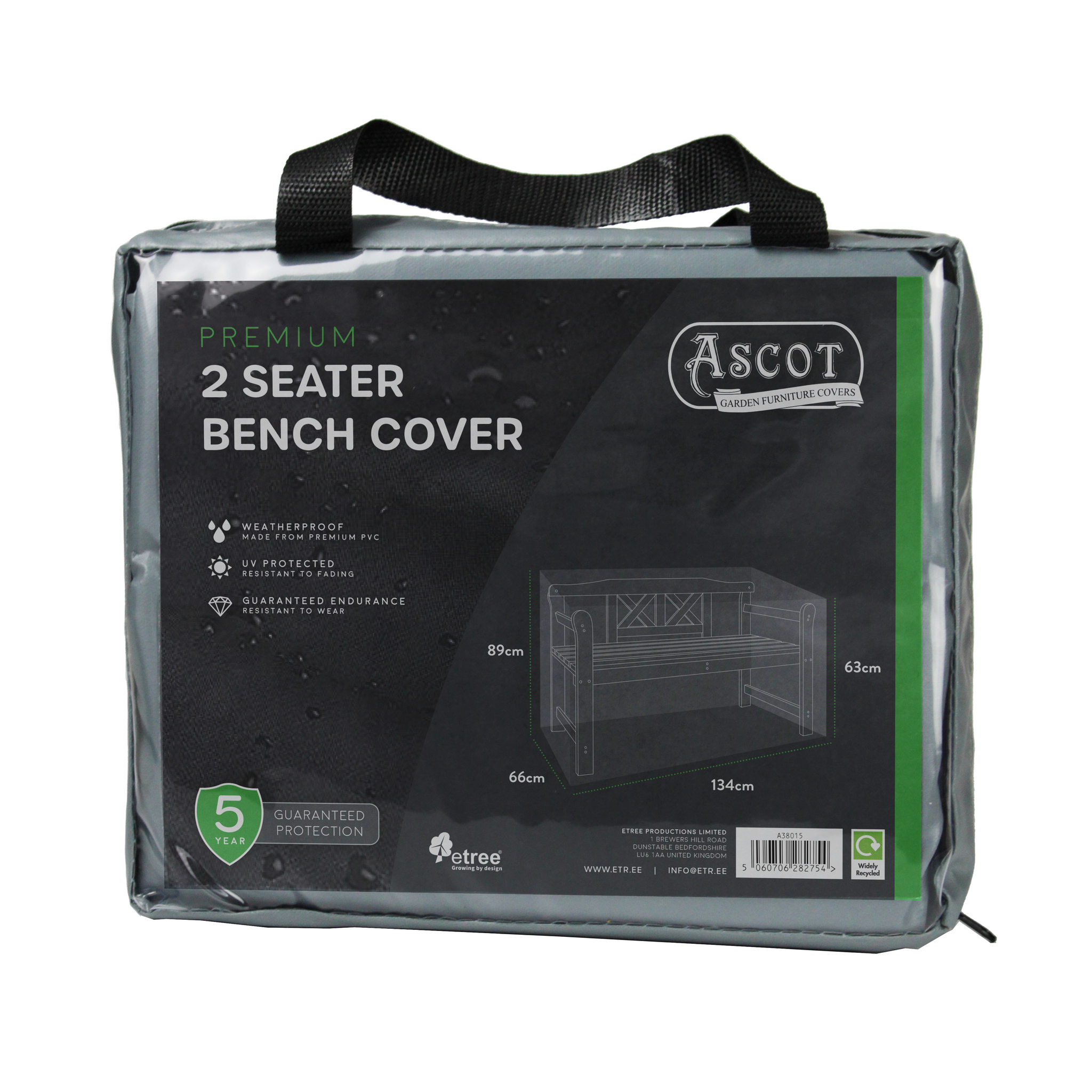 The Ascot Premium 1.2m (4ft) 2-Seater Bench Cover in Grey offers unparalleled outdoor furniture protection. Measuring 134cm x 66cm x 63/89cm, this weatherproof woven PVC cover includes a handy handle and a 5-year guarantee—perfect for garden use.