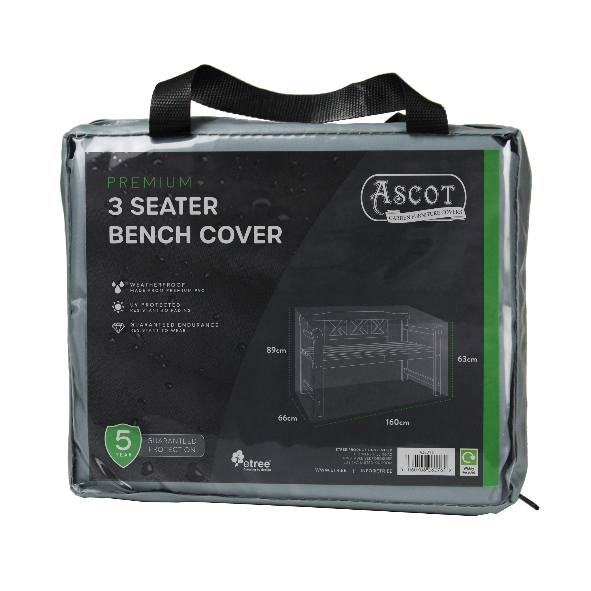 A packaged premium 1.5m 3-seater bench cover for outdoor furniture, with handles. The sleek gray packaging, accented in green, displays dimensions of 160x66x63/89 cm and icons for UV-protected PVC and waterproof protection. "Ascot" is visible with a 5-year guarantee.