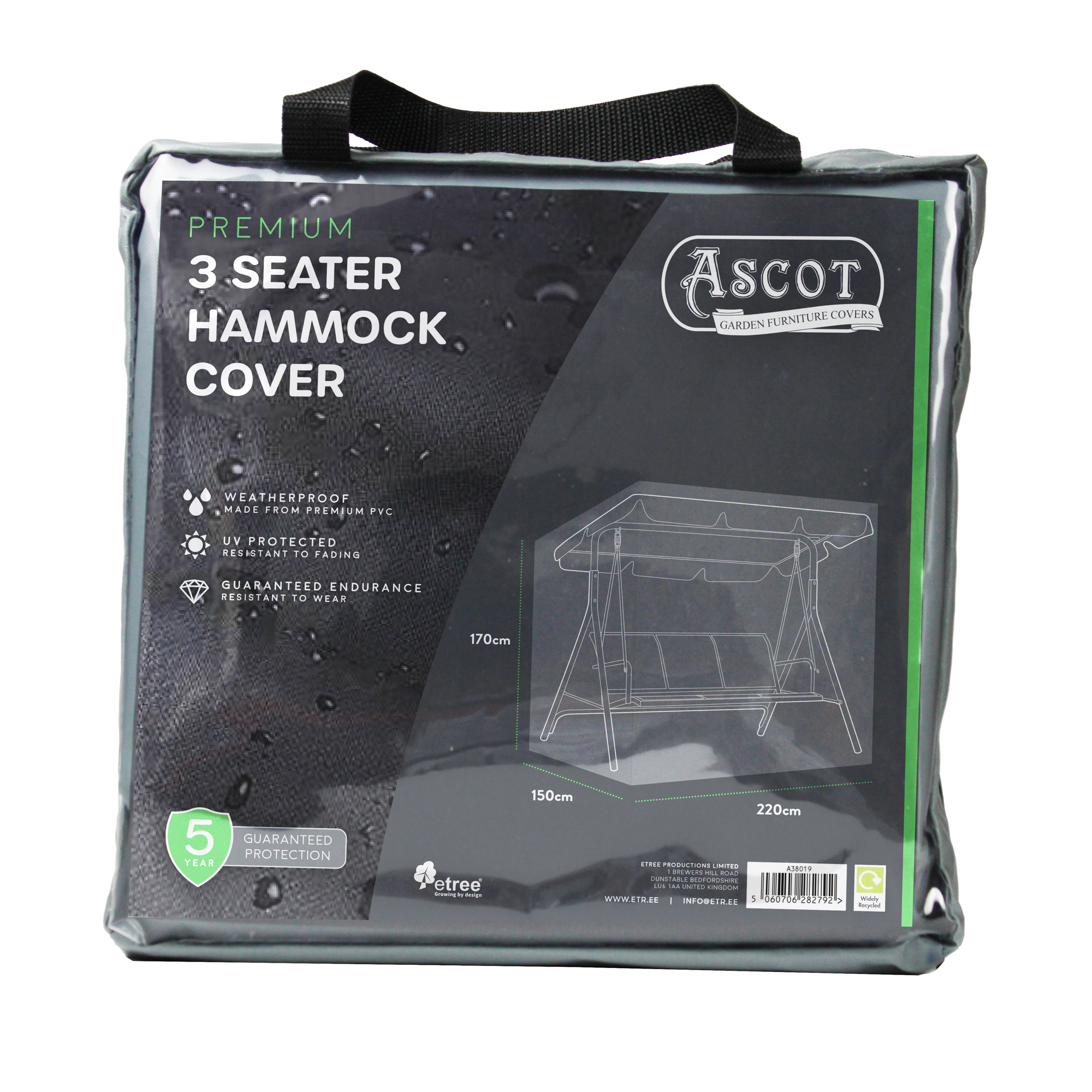A packaged Premium 3 Seater Hammock Cover in grey is shown with UV-protected PVC waterproof material. Ideal for protecting outdoor furniture, it features dimensions of 220 x 150 x 170 (H) cm and includes a 5-year guarantee.