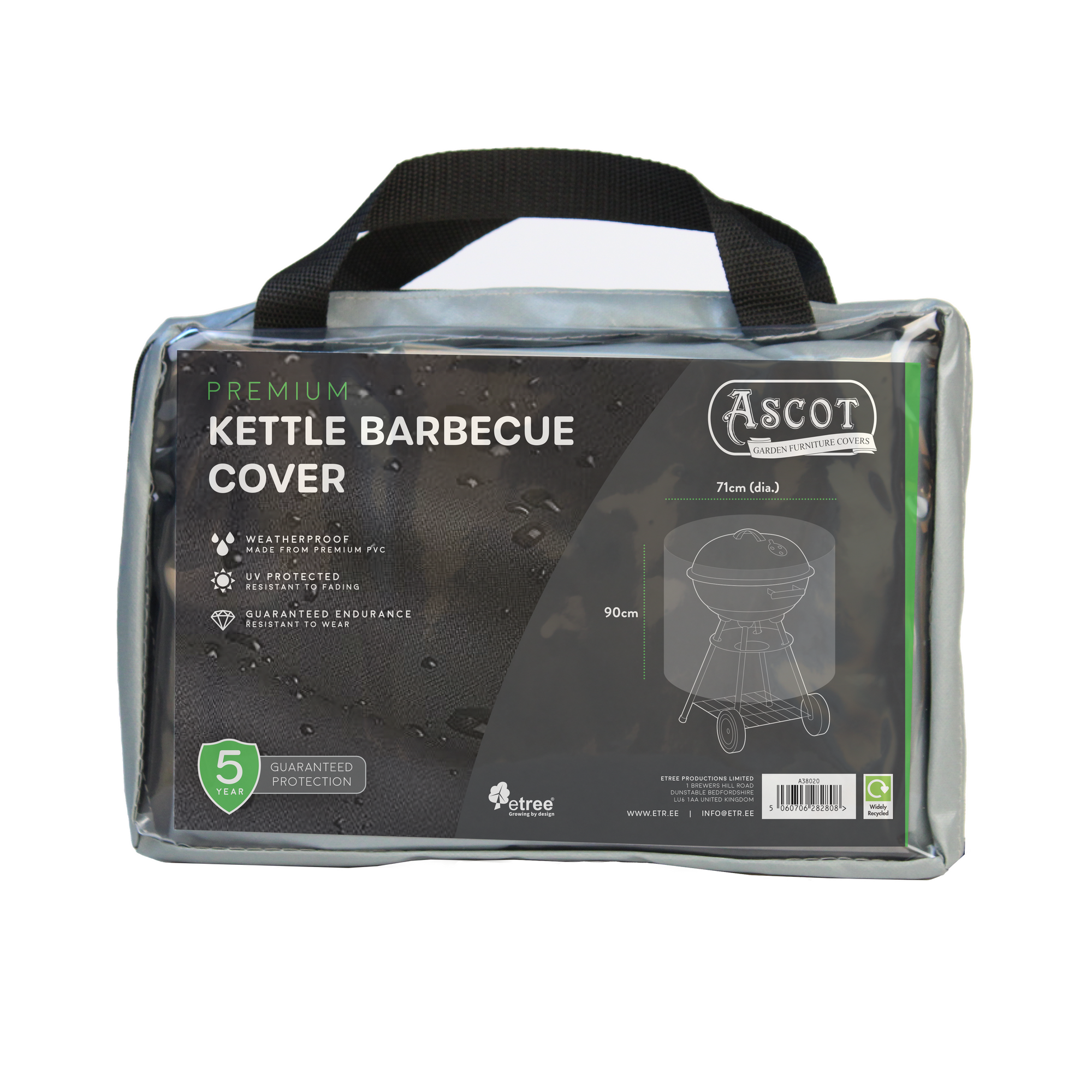 The packaging for the Premium Kettle Barbecue Cover showcases a sleek black design with features like waterproofing, UV-Protected PVC, and durability. Measuring 71cm in diameter and 90cm in height, it includes a convenient black handle and a 5-year guarantee label.