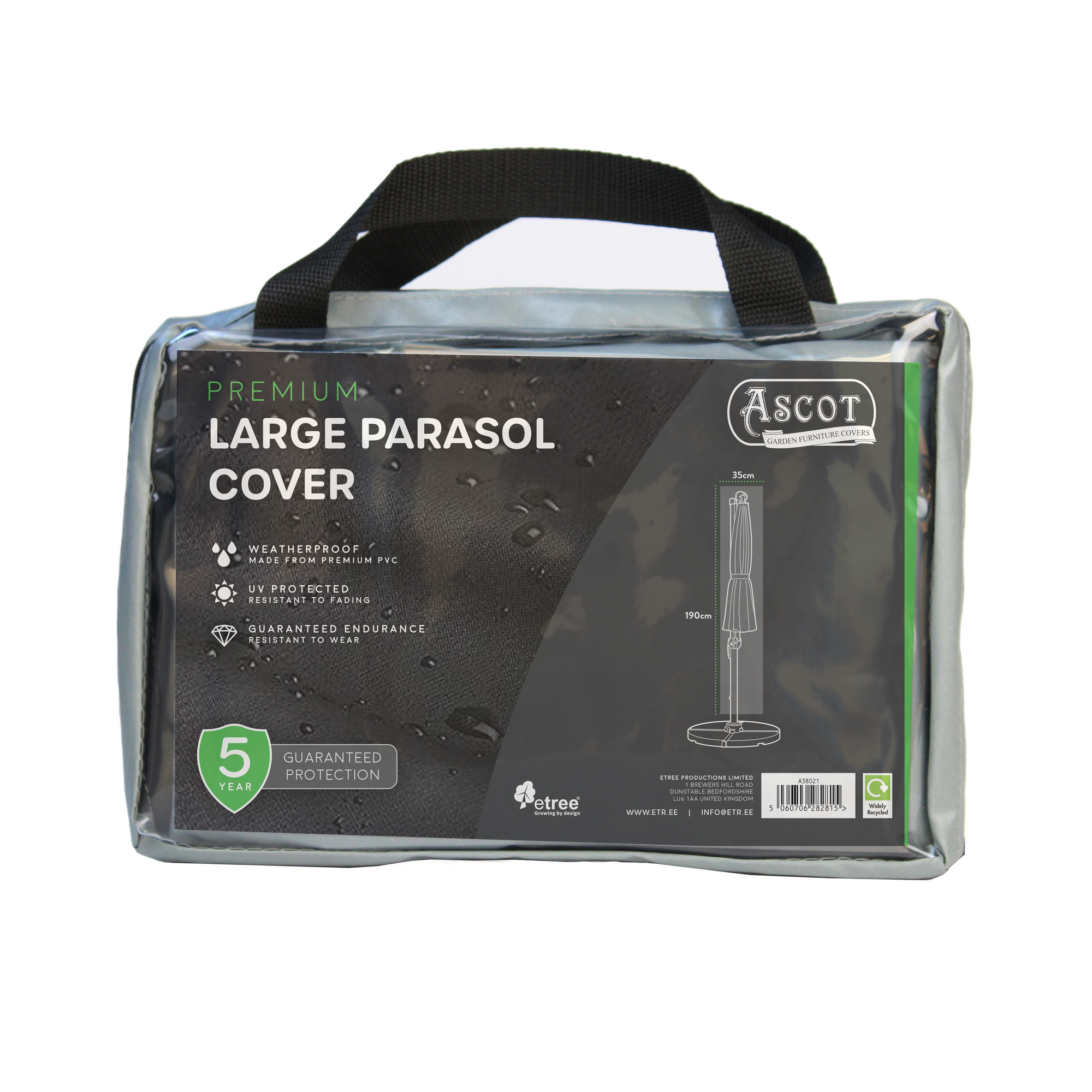 The display showcases a grey Premium Giant Parasol Cover, 35 (W) X 190 (H) cm, crafted for superior outdoor furniture protection. It boasts waterproof, UV-protected PVC and durable rip-stop fabric, with a five-year guarantee badge and a handy handle for durability and convenience.
