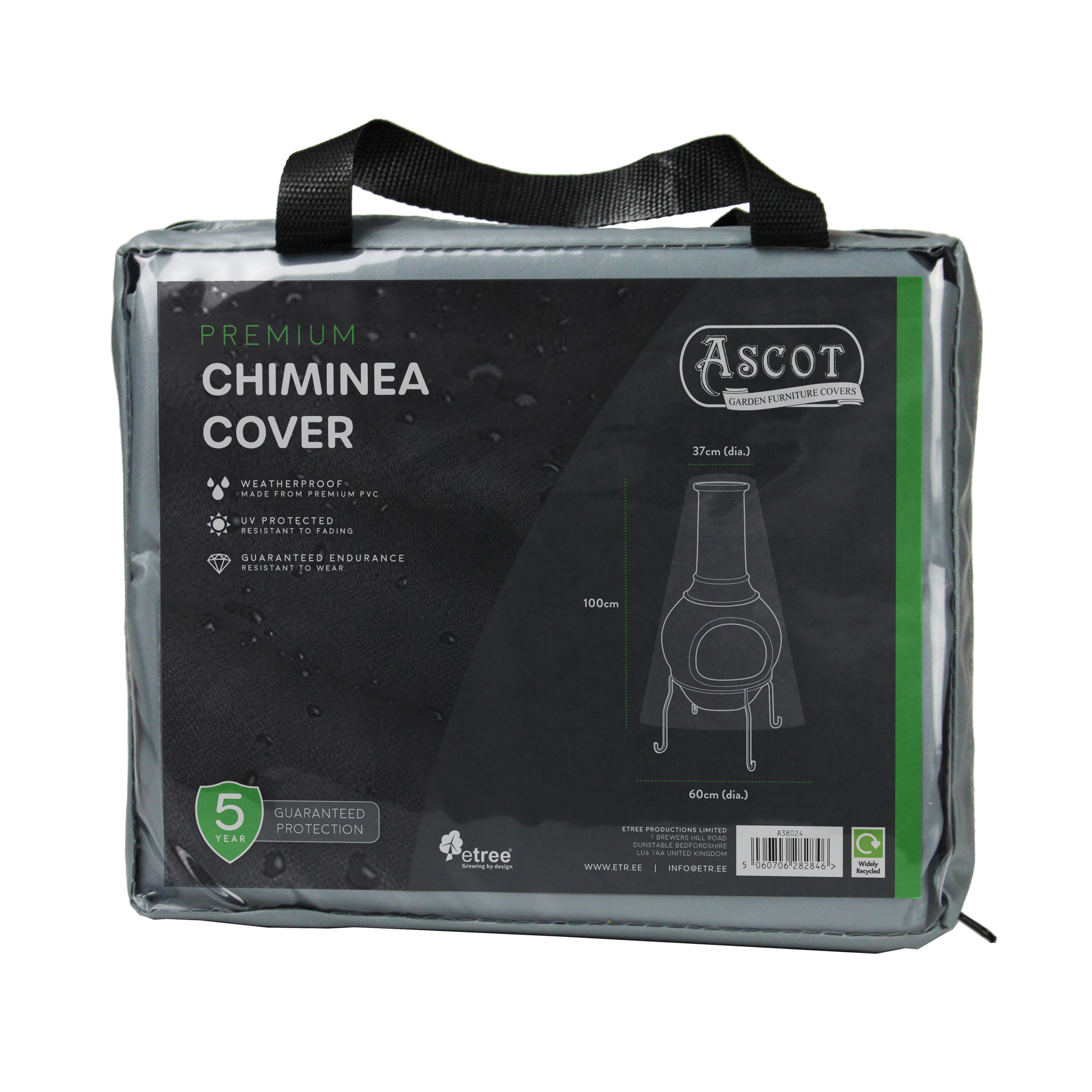 The Premium Chiminea Cover by Ascot comes in a transparent bag with handles and features UV-protected, waterproof PVC material. It's designed for outdoor furniture, offers a 5-year guarantee, and includes dimensions (37/60 dia x 100 h cm) and a diagram. Color: Grey.