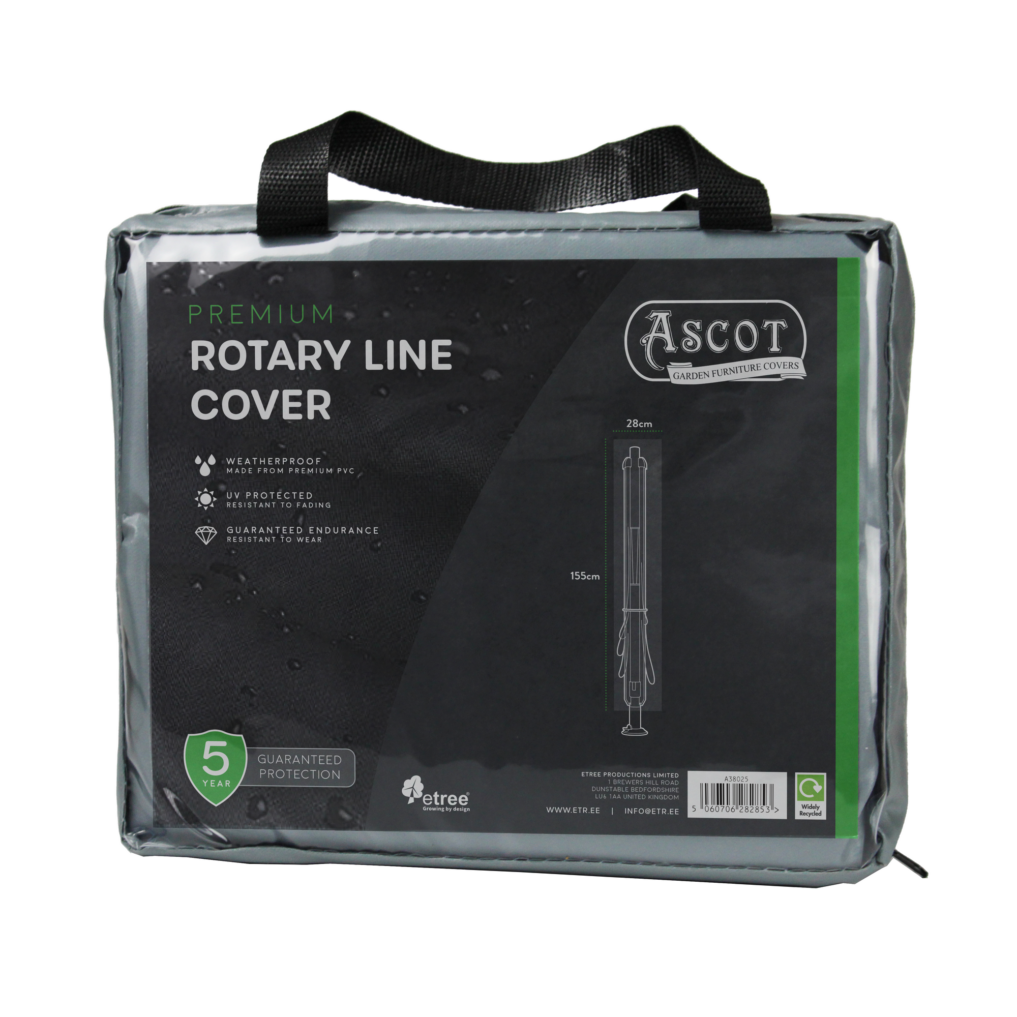 The Ascot Premium Rotary Line Cover packaging showcases its dimensions, 28cm by 155cm, in grey. It offers waterproof and UV-protected PVC material for weatherproofing and includes a robust 5-year protection guarantee.