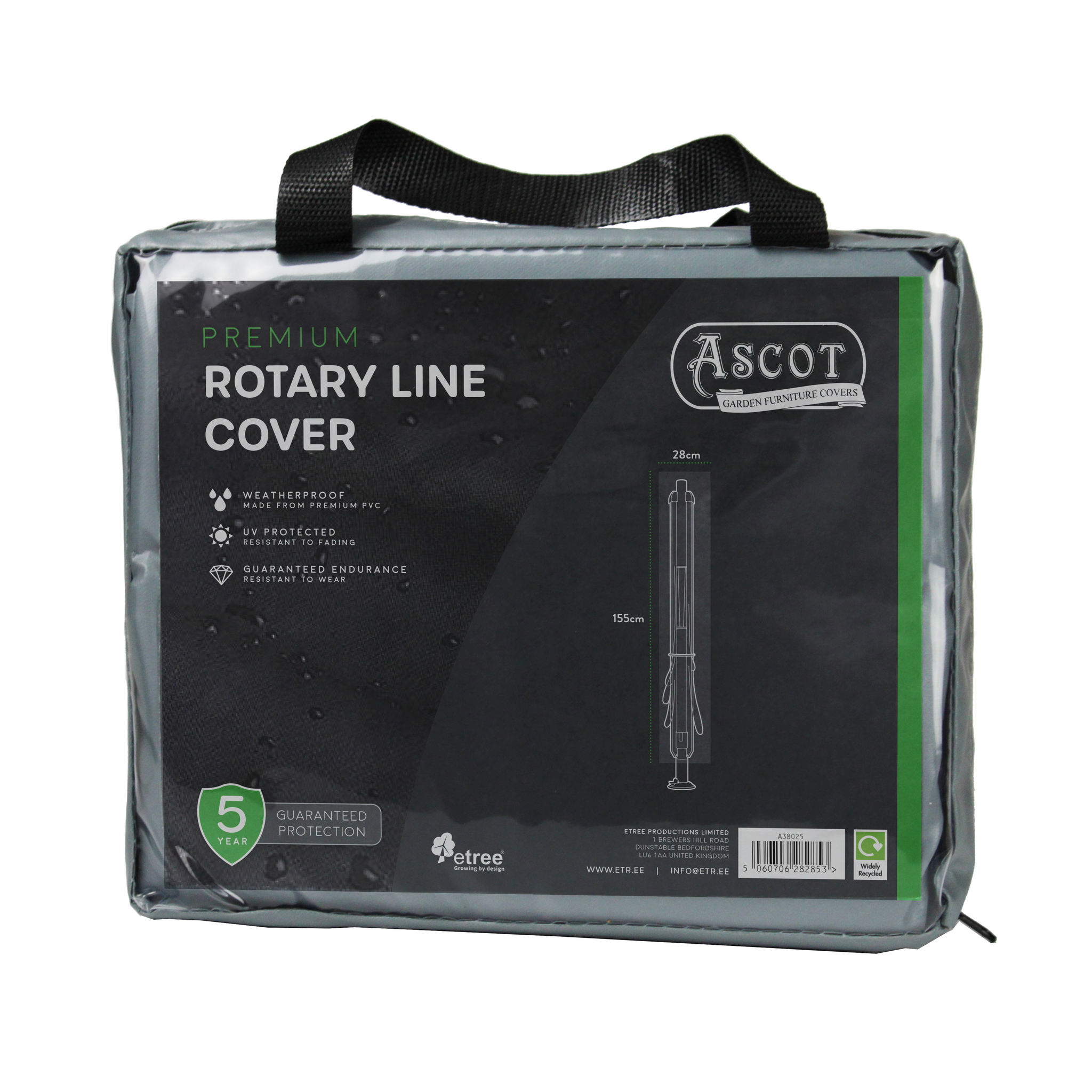 The Ascot Premium Rotary Line Cover packaging showcases its dimensions, 28cm by 155cm, in grey. It offers waterproof and UV-protected PVC material for weatherproofing and includes a robust 5-year protection guarantee.