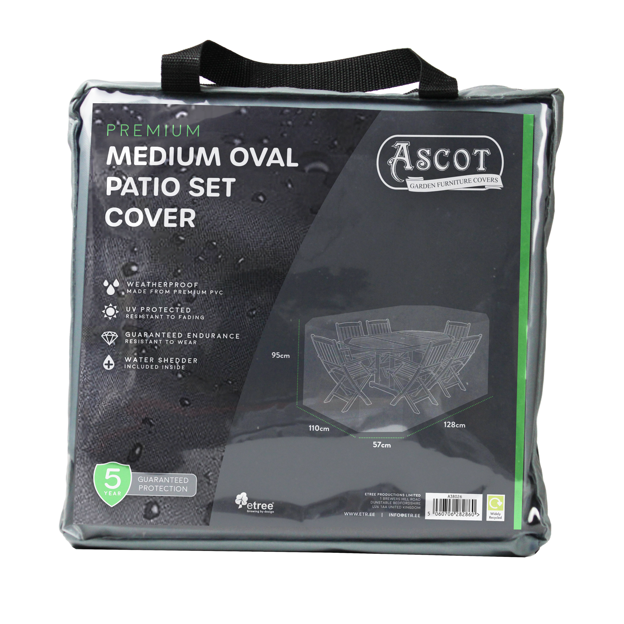 The packaging for Ascot's Premium Patio Set Cover in Medium Oval (208 X 191 X 95 cm) showcases its grey color and highlights the UV-protected, waterproof PVC material along with a 5-year guarantee. An image displays dimensions and key features on the front.