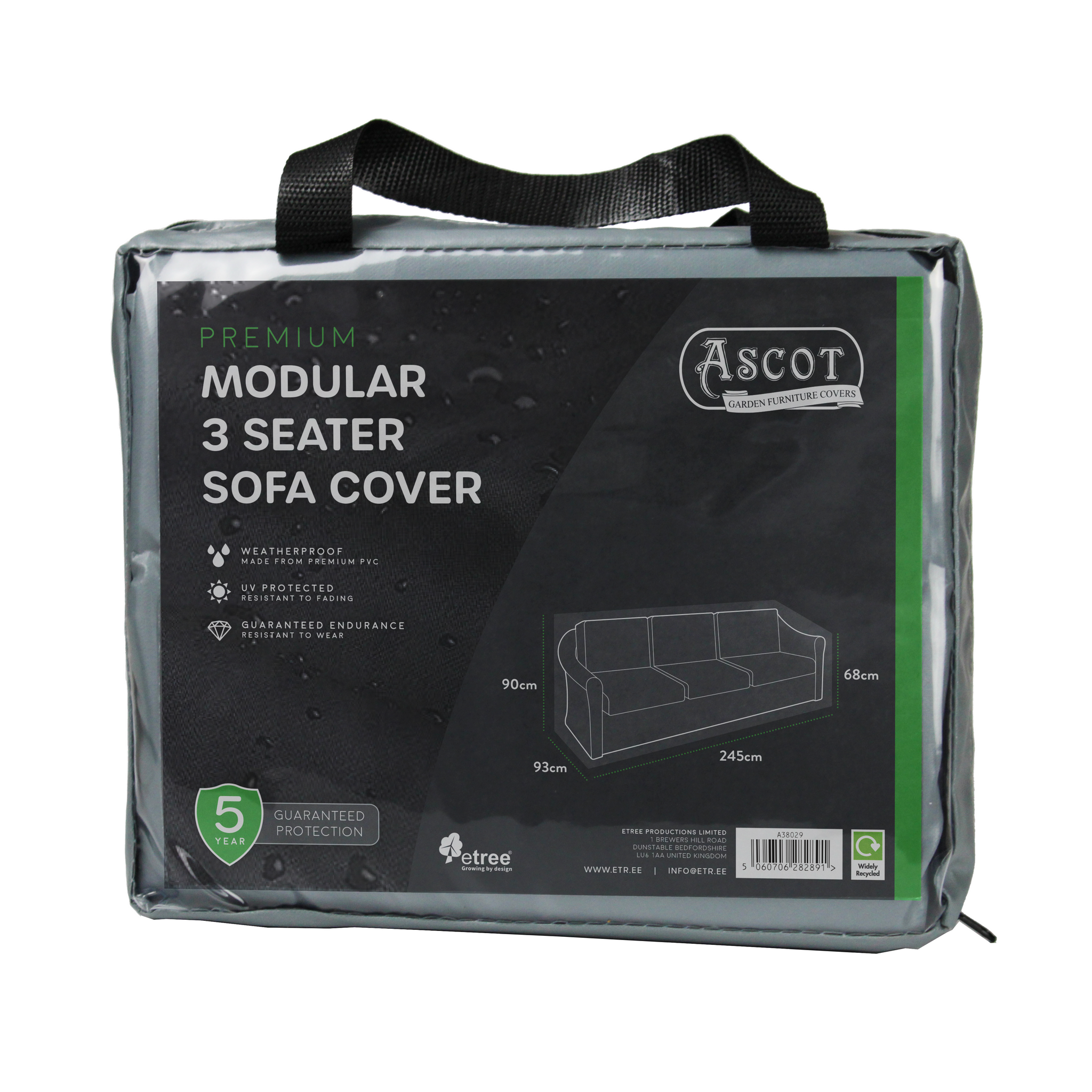 A packaged Premium Modular 3 Seater Sofa Cover (245 x 93 x 68/90 H, Grey) with handle features weatherproof and UV-protected material, a 5-year guarantee, product dimensions, and an illustration of a covered sofa on the packaging.