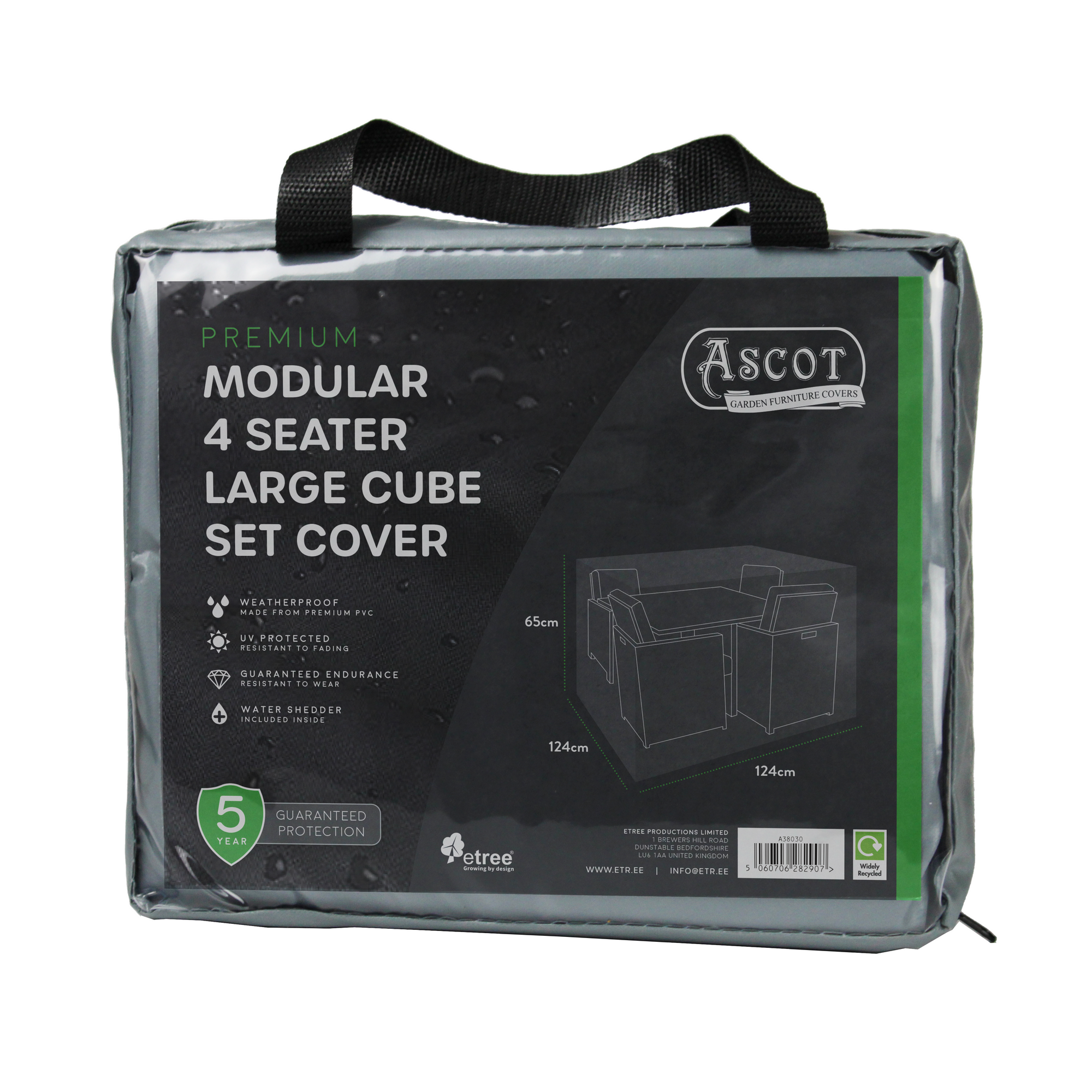Ascot introduces the Premium Modular 4 Seater Cube Set Cover Large in Grey, crafted from tear-resistant, UV-protected PVC for waterproof outdoor use. Measuring 124cm x 124cm x 65cm, it includes a carrying handle and a 5-year guarantee.