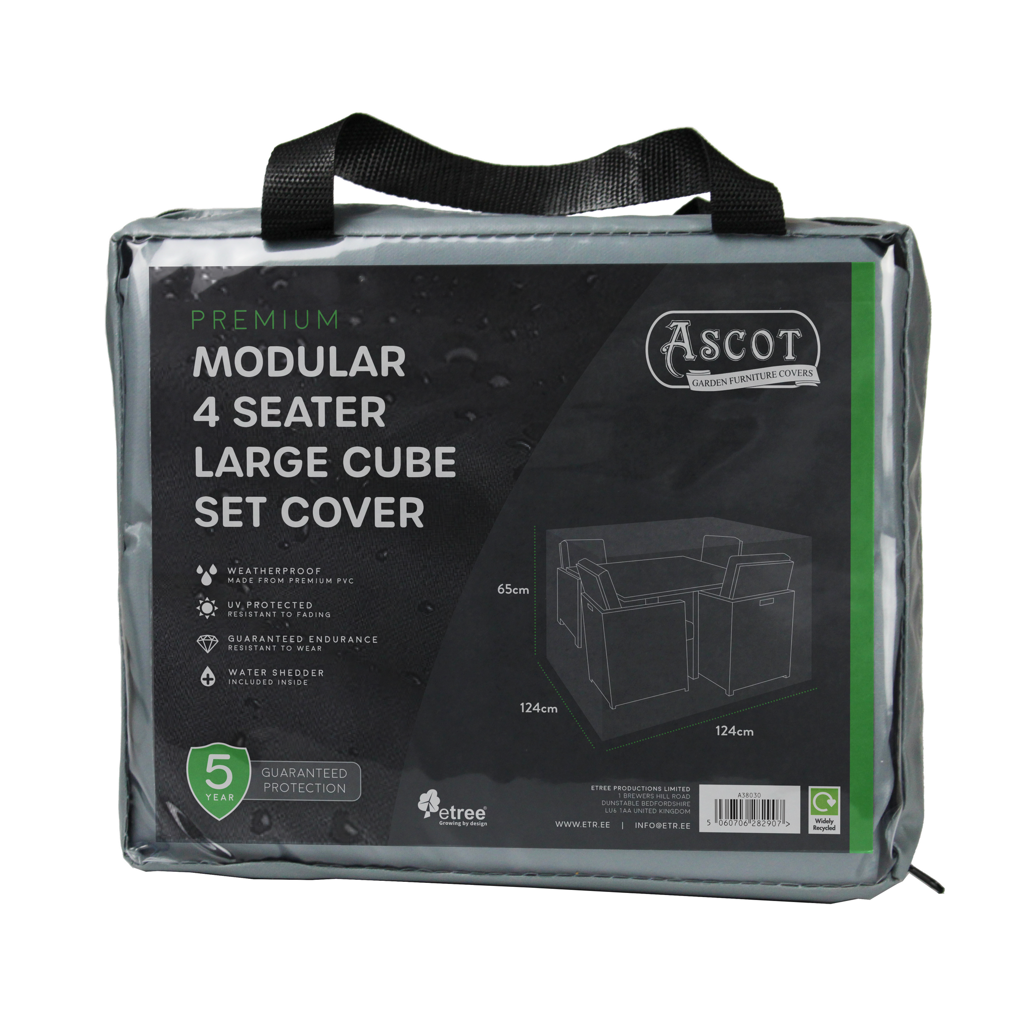 Ascot introduces the Premium Modular 4 Seater Cube Set Cover Large in Grey, crafted from tear-resistant, UV-protected PVC for waterproof outdoor use. Measuring 124cm x 124cm x 65cm, it includes a carrying handle and a 5-year guarantee.