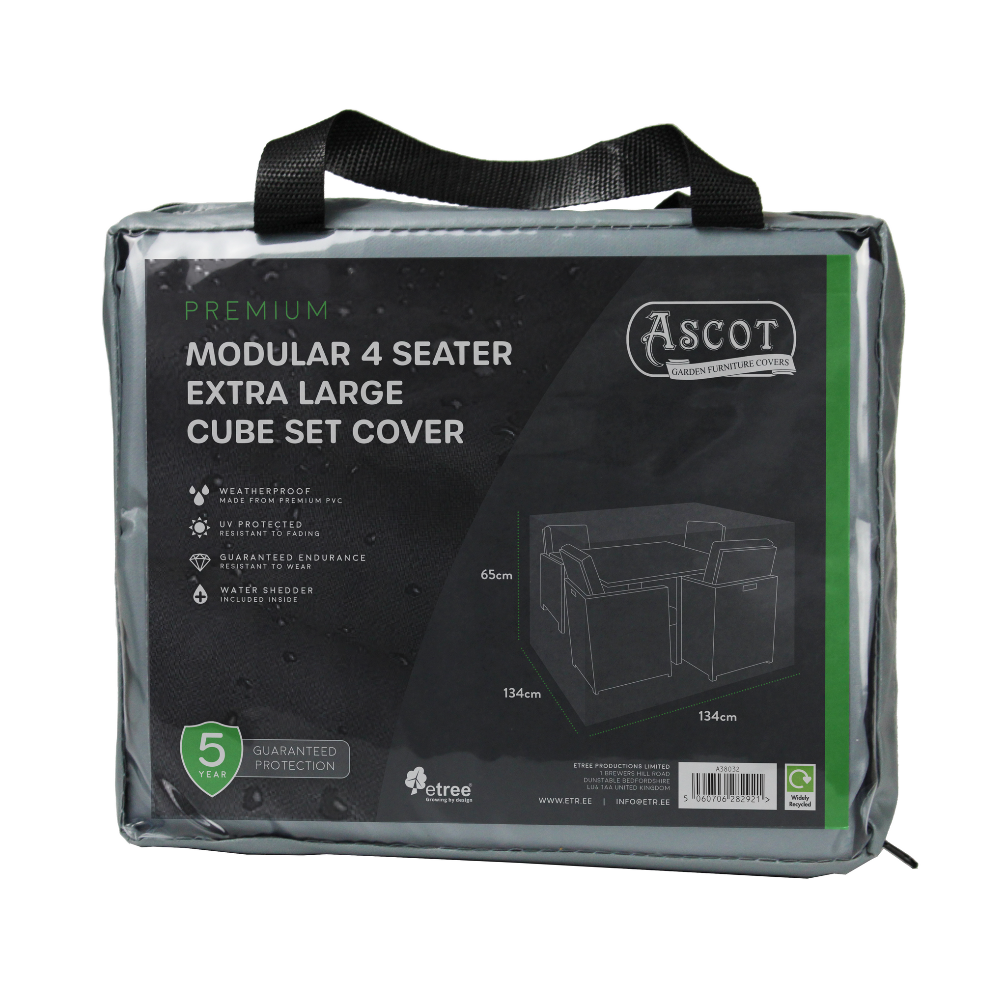 Ascot's Premium Modular 4 Seater Cube Set Cover XL in Grey, measuring 134cm x 134cm x 65cm, features a labeled illustration and offers waterproof and UV protection for up to 5 years.