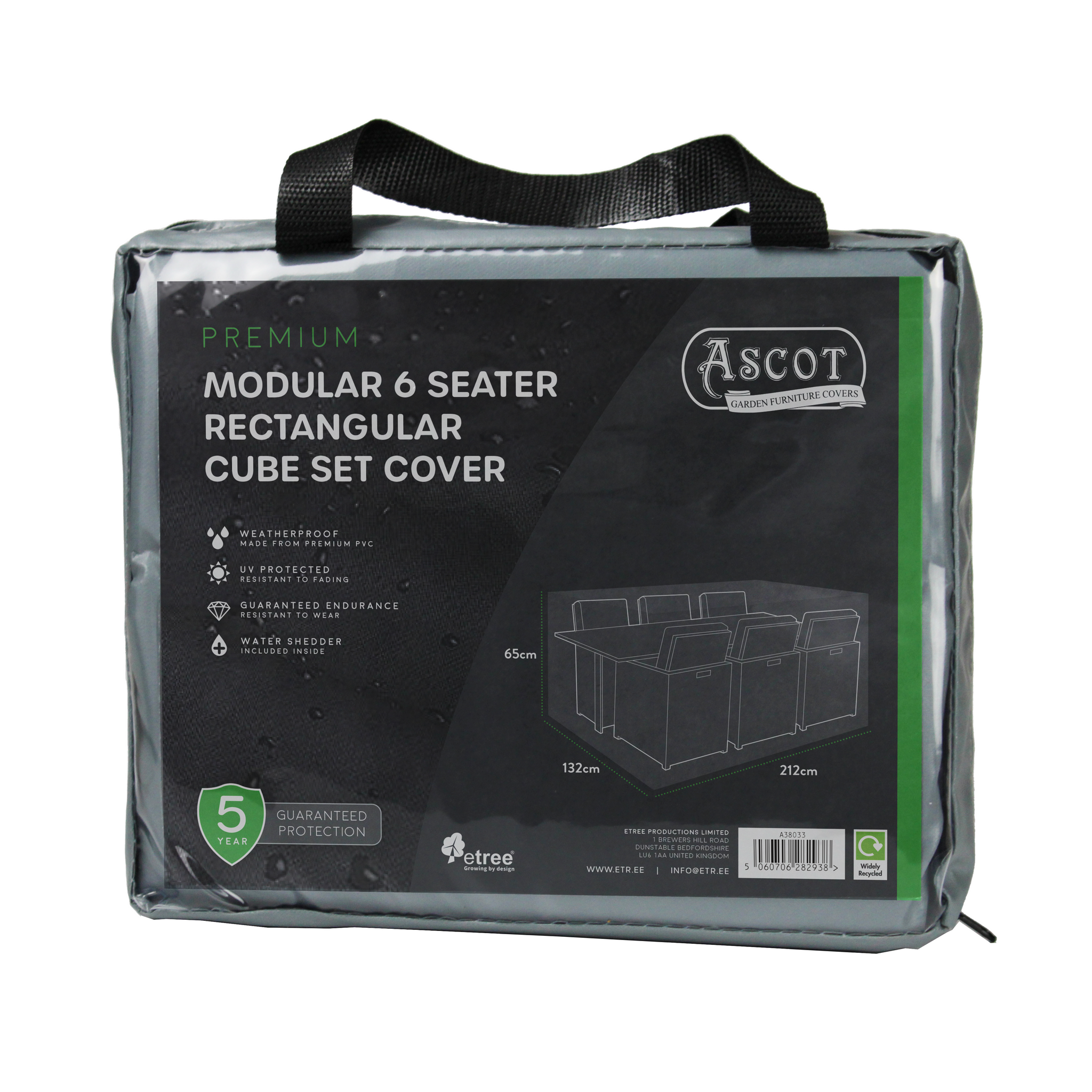 A grey carrying bag with a clear front displays packaging for the Premium Modular 6 Seater Rectangular Cube Set Cover (212 x 132 x 65 H), showing product details, dimensions, and a line drawing of the outdoor cover.