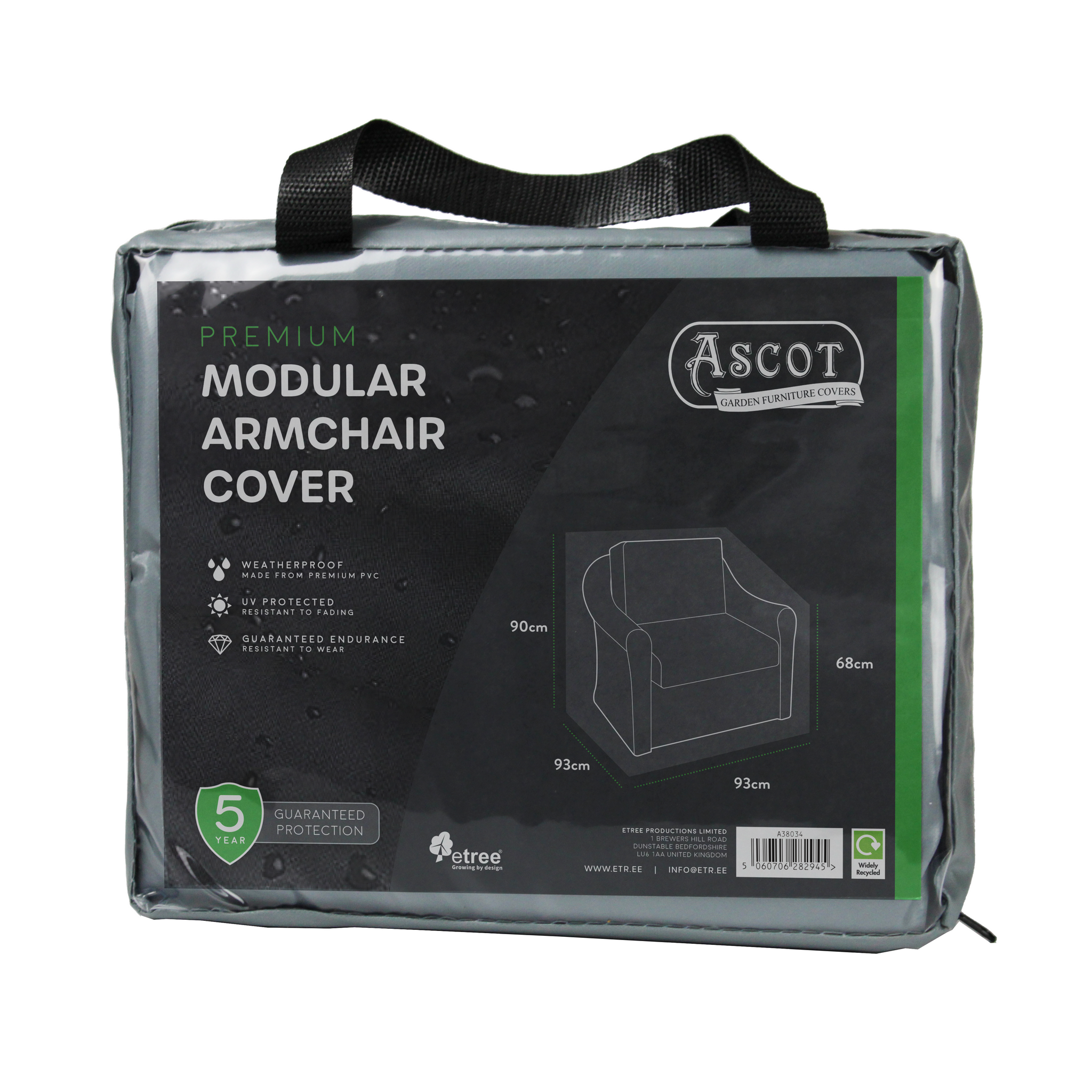 The grey Premium Modular Armchair Cover (93 x 93 x 68/90 H) delivers top-notch outdoor protection with UV-protected PVC and waterproofing. It comes with a handy handle, detailed diagram, and a reassuring 5-year guarantee.