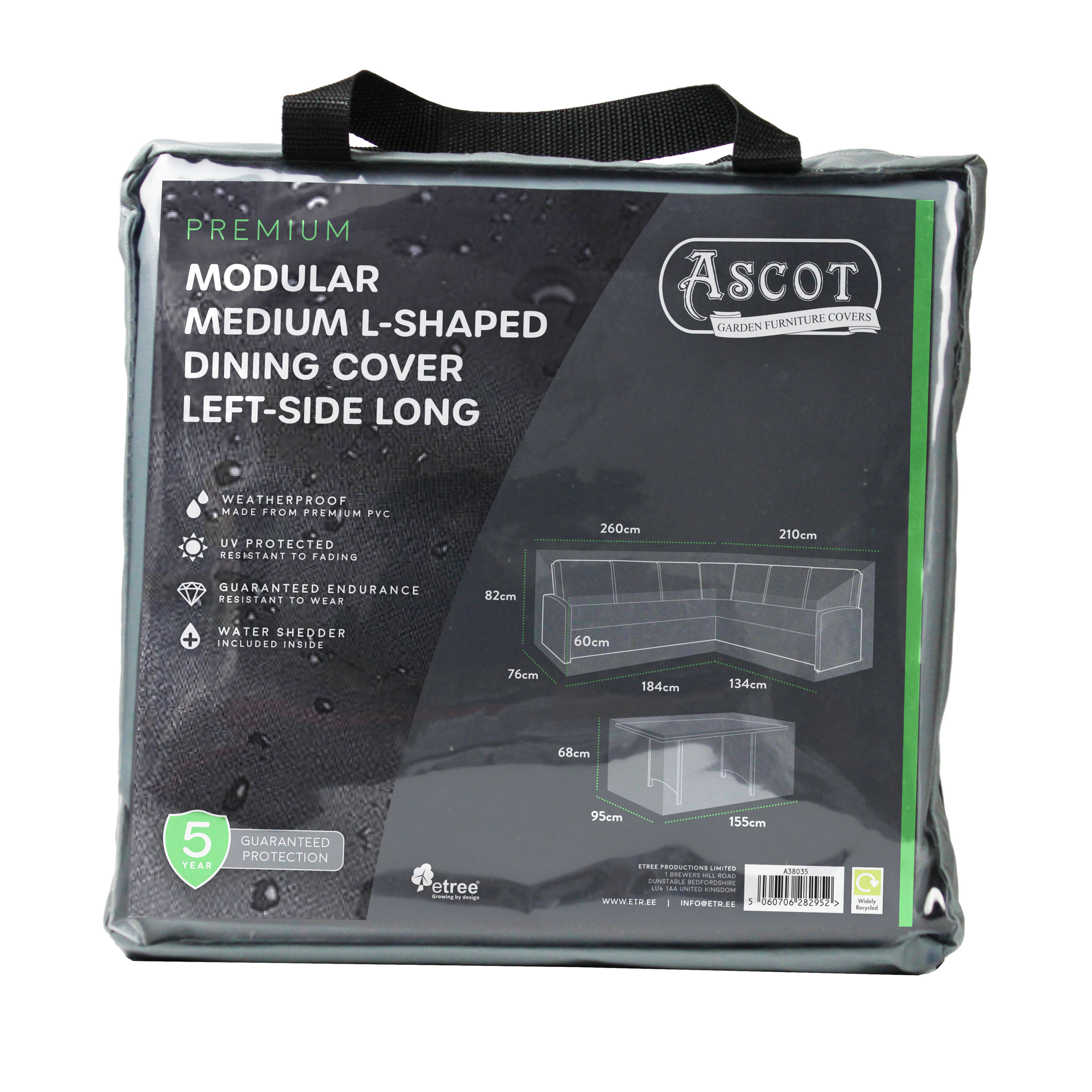 The Ascot Premium Modular Medium L-Shaped Dining Cover (left-side long), dimensions 260/184 x 210/134 x 76 (D) x 60/82 (H), is grey and offers weatherproof, UV-protected, fade-resistant PVC material with durable protection and a five-year guarantee.