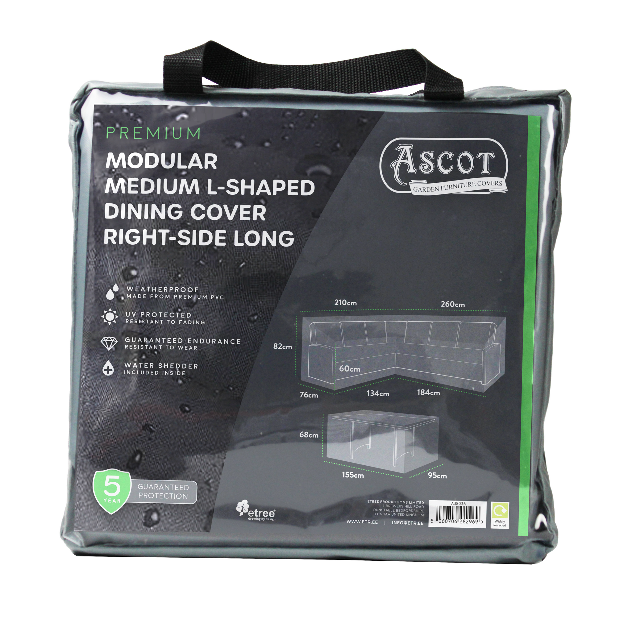 The packaged Premium Modular Medium L Shaped Dining Cover (right side long, grey) in a clear zippered case with black handle showcases its 260/184x210/134x76(D)x60/82(H) cm size and UV-protected, waterproof features for modular dining sets.