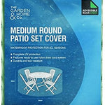 The Garden & Home Co. Patio Set Cover - Medium Round fits a round table with four chairs. Waterproof, UV protection, draw cord system, black and green. Front features illustration of a patio set.