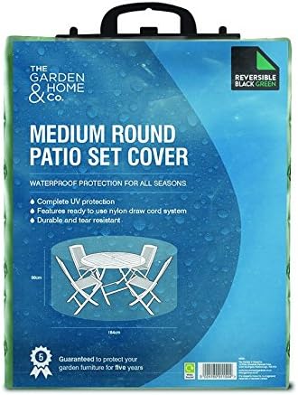 The Garden & Home Co. Patio Set Cover - Medium Round fits a round table with four chairs. Waterproof, UV protection, draw cord system, black and green. Front features illustration of a patio set.