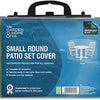 Packaging for the "Small Round Patio/Bistro Set Cover" by The Garden & Home Co. emphasizes its waterproof and UV protection features, along with nylon draw cords. It is noted as "Reversible: Black/Green." The package image includes a drawing of a patio set.