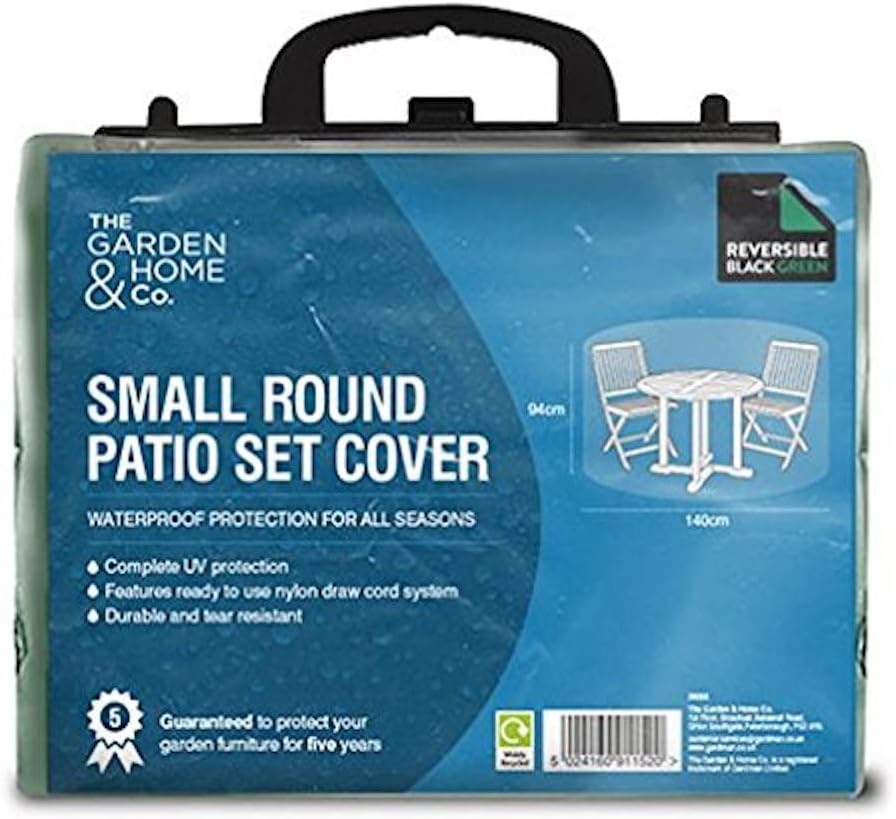 Packaging for the "Small Round Patio/Bistro Set Cover" by The Garden & Home Co. emphasizes its waterproof and UV protection features, along with nylon draw cords. It is noted as "Reversible: Black/Green." The package image includes a drawing of a patio set.