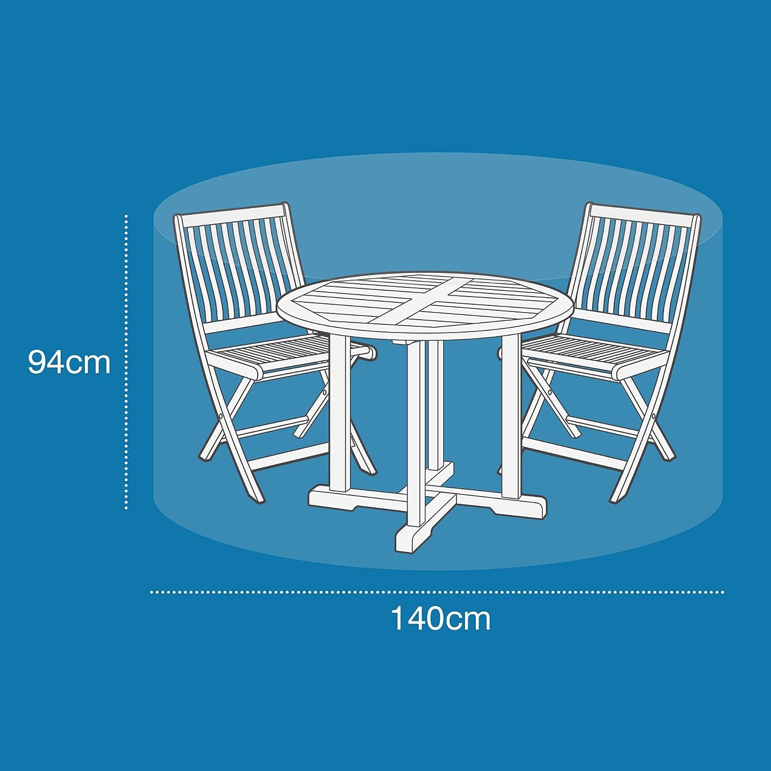 Illustration of the Small Round Patio/Bistro Set on a blue background, highlighting a round table and two slatted chairs. Dimensions are labeled: table height 94cm and table diameter 140cm.