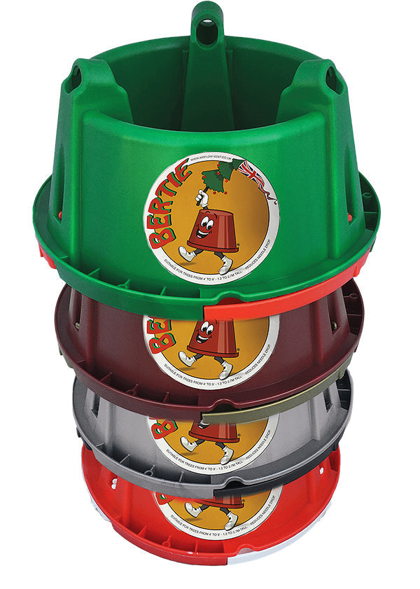Introducing the Bertie Christmas Tree Stand, a vibrant collection of colorful stands available in green, brown, gray, and red. Each stand features a festive sticker showcasing a charming cartoon tree mascot. These sturdy supports come with a round base and high sidewalls to securely hold your Christmas trees, making holiday decorating effortless.