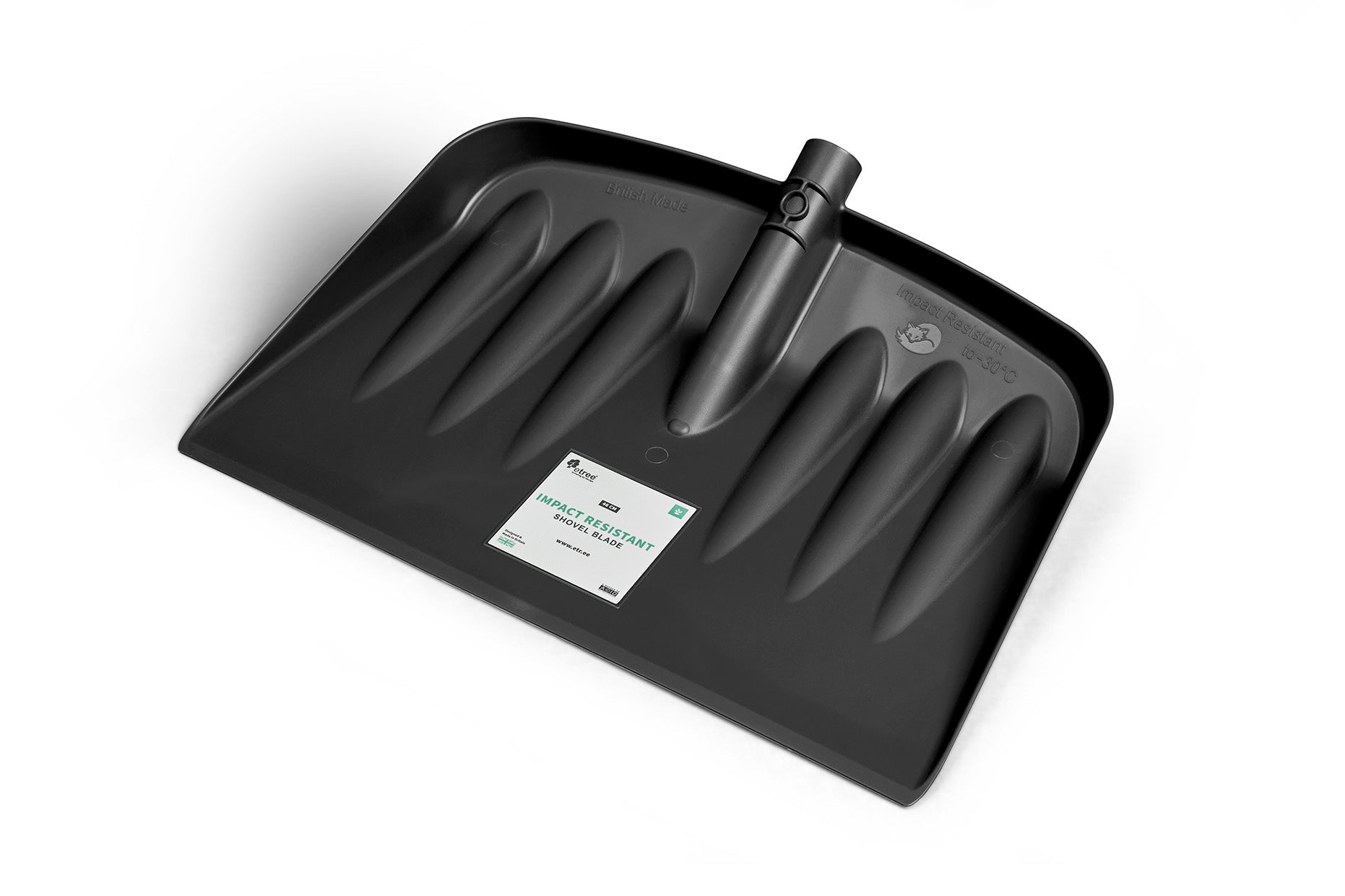 The Snow & Garden Shovel Blade Heavy Duty Impact Resistant features a black dustpan design with a wide, flat surface and a slightly raised back. It has a short handle attachment at the top, and its surface includes a white rectangular label with text and a barcode.