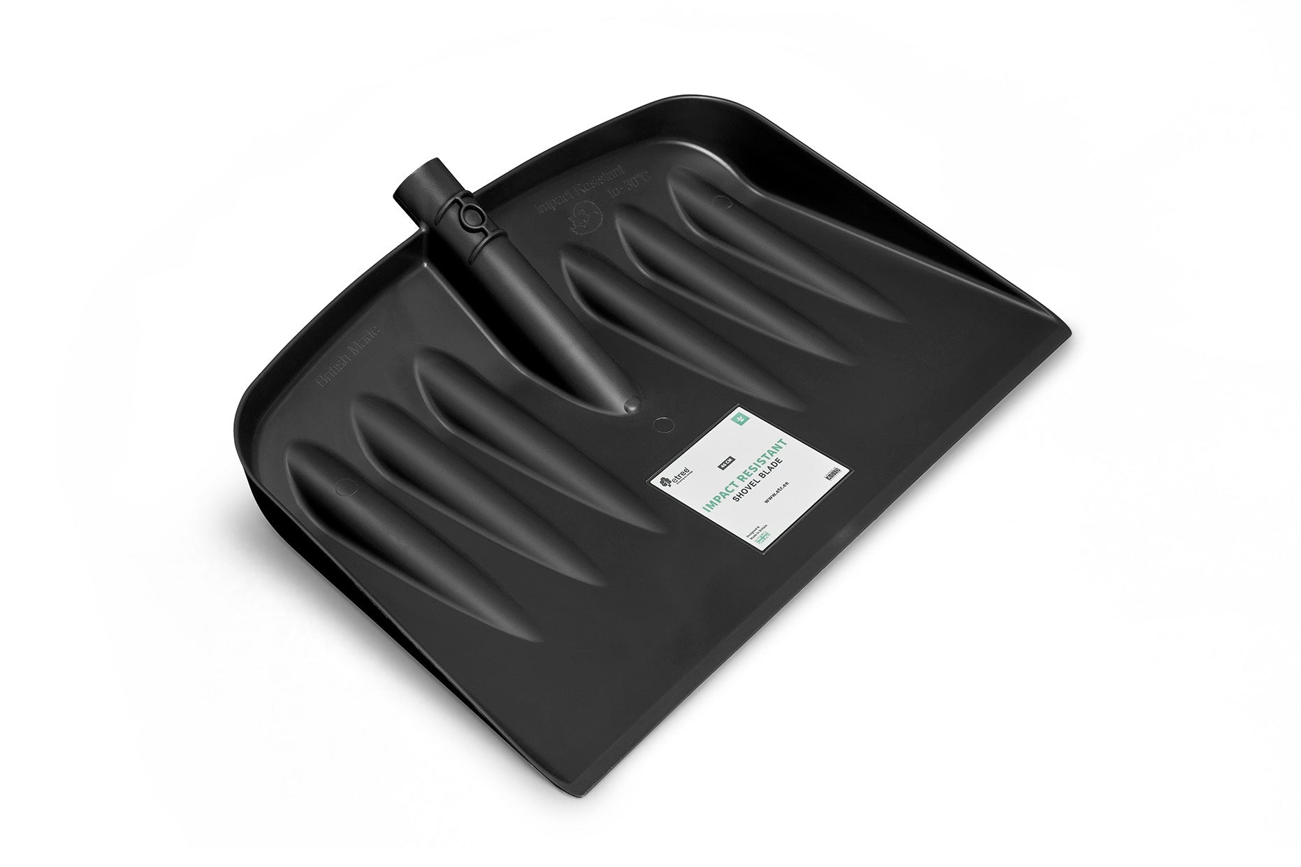 A wide black Snow & Garden Shovel Blade Heavy Duty Impact Resistant with a grooved design and an attached handle socket is shown against a white background. This durable snow shovel features a label with text and barcodes, but specific details are not legible.
