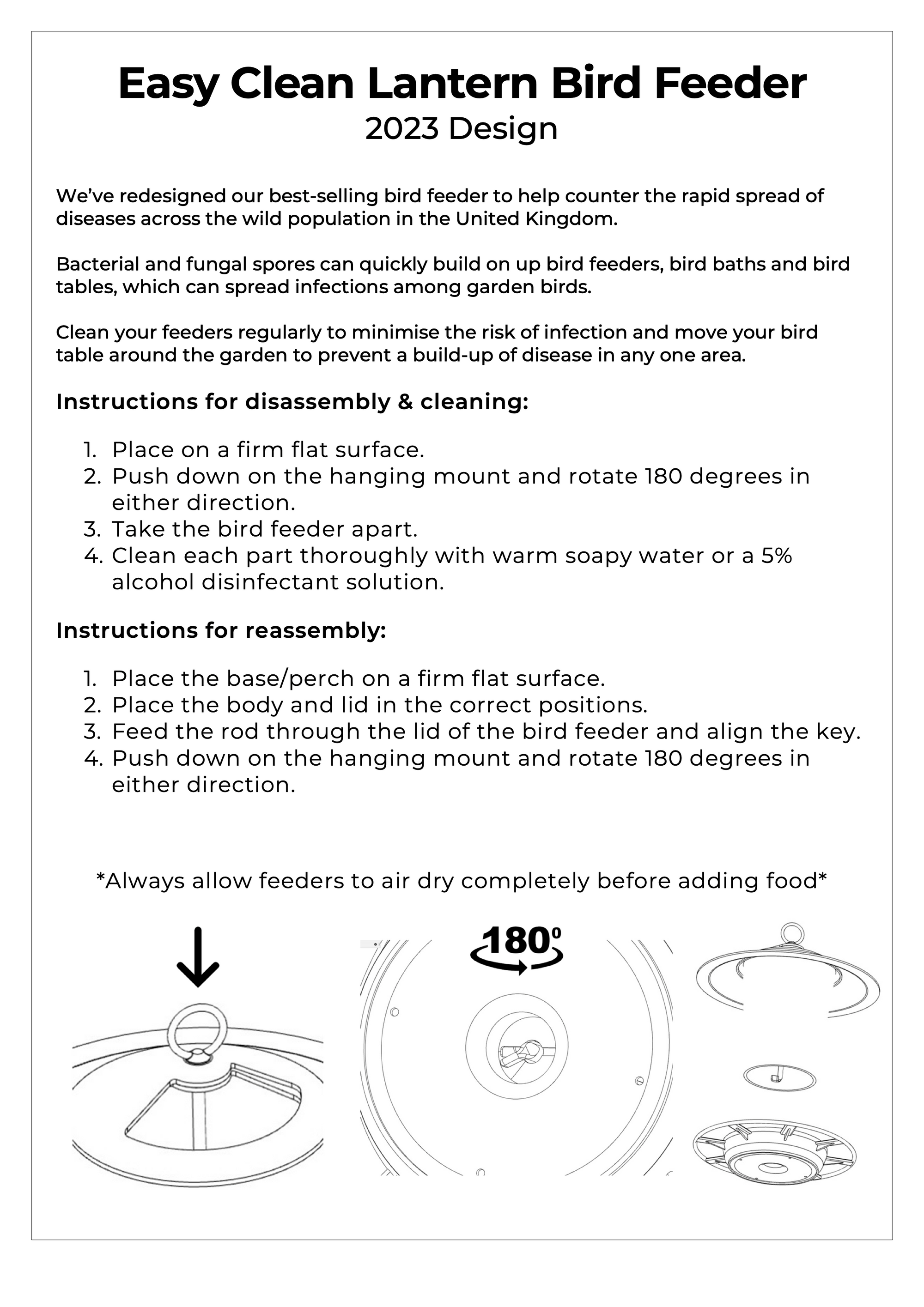 Instructional manual for the "Pre Filled Hanging Lantern Bird Feeder Gift Set & Sunflower Hearts Wild Bird Seed (450g)," 2023 design. It outlines steps for disassembling, cleaning, and reassembling the bird feeder, emphasizing rotation of the hanging mount and flat surface placement. Cleaning tips for Sunflower Hearts wild bird seed and a safety note are included.
