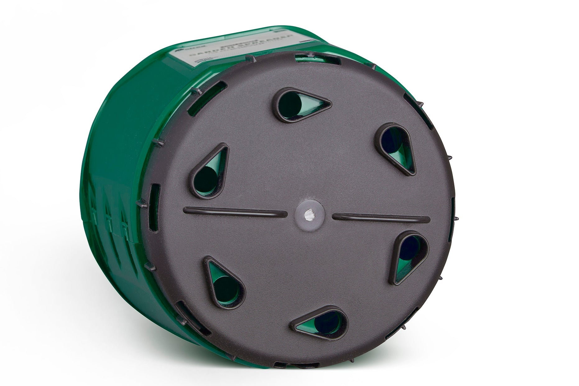 A green Multipurpose Garden Spreader, Twist & Shake Action turned upside down, showing its grey bottom with multiple drainage holes, ideal for various uses.