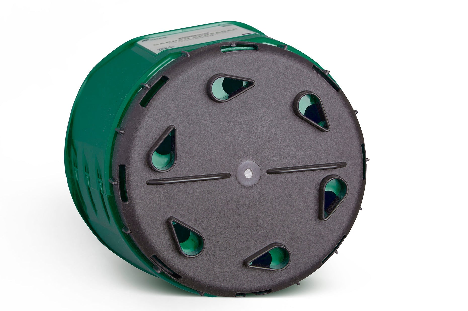 Introducing the Multipurpose Garden Spreader, Twist & Shake Action: a green and gray circular plastic container with a flat gray lid featuring several triangular-shaped holes and a small central button. Boasting multiple uses, an adjustable flow rate, and a 5kg capacity, this versatile container is perfect for various storage needs. Displayed on a white background, it seamlessly combines practicality with innovative design.