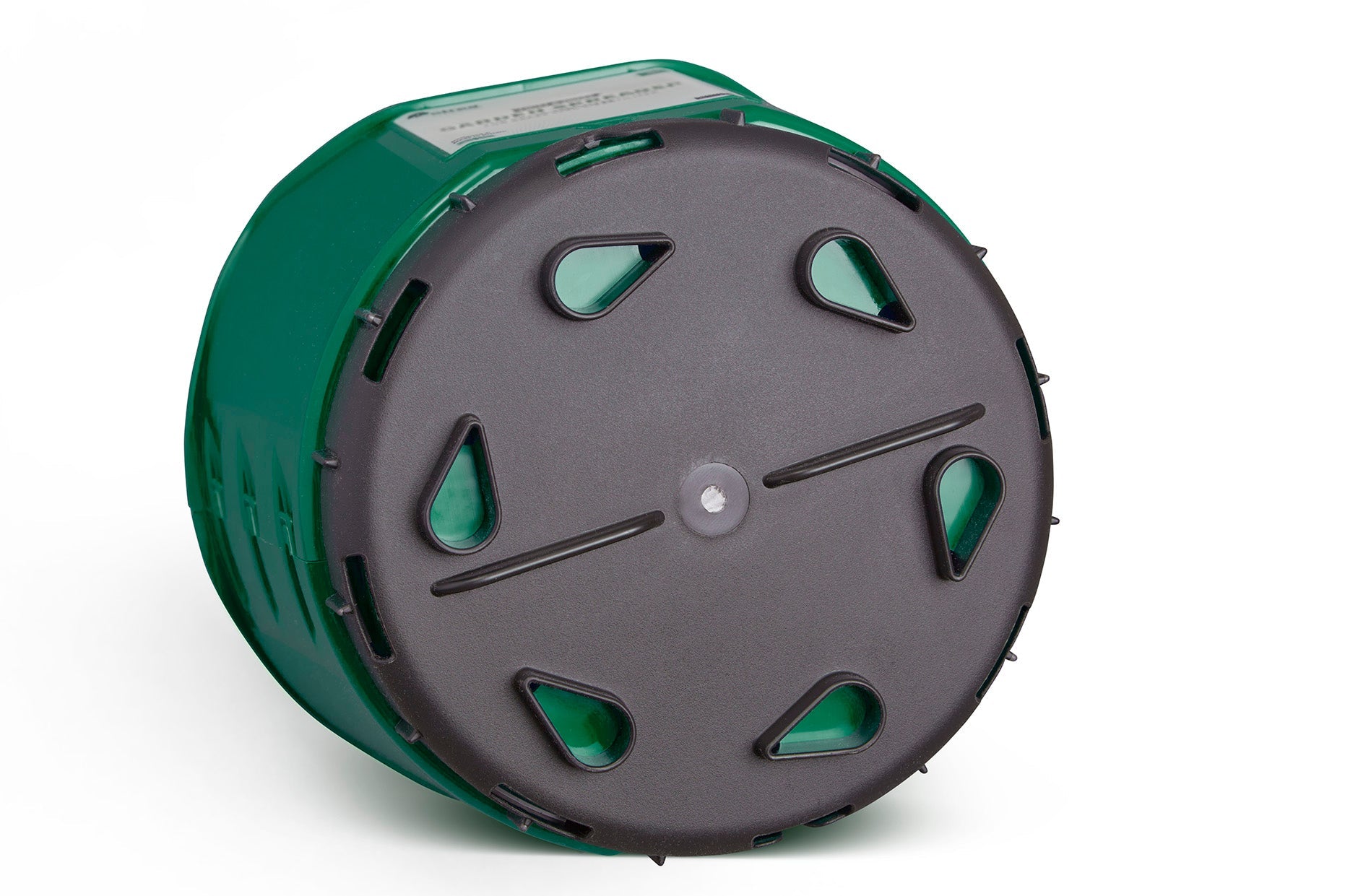The Multipurpose Garden Spreader, Twist & Shake Action is a green cylindrical item that features a dark gray circular base with multiple teardrop-shaped cutouts and a central hole. The spreader, which has a label on its side, appears to be designed for various uses and includes an adjustable flow rate.