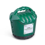 A green handheld garden spreader with a sturdy handle and a labeled front panel reading "Multipurpose Garden Spreader, Twist & Shake Action." Featuring a ribbed top, rotating mechanism at the bottom, 5kg capacity, and adjustable flow rate, this versatile tool is perfect for multiple uses.
