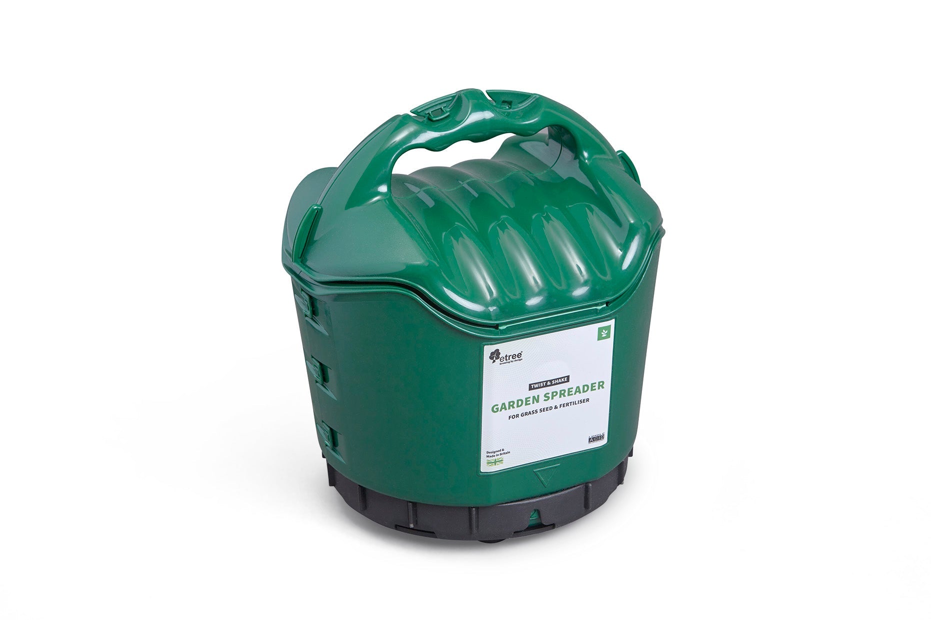 A green handheld garden spreader with a sturdy handle and a labeled front panel reading "Multipurpose Garden Spreader, Twist & Shake Action." Featuring a ribbed top, rotating mechanism at the bottom, 5kg capacity, and adjustable flow rate, this versatile tool is perfect for multiple uses.