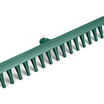 The Impact Resistant Garden Landscaping Rake Head Green is a green rake with a wide head and sturdy tines crafted from recycled polypropylene. The head, featuring a cruciform tooth design, is securely attached to the handle with a metal screw. Displayed against a plain white background, it showcases its simple yet functional aesthetic.