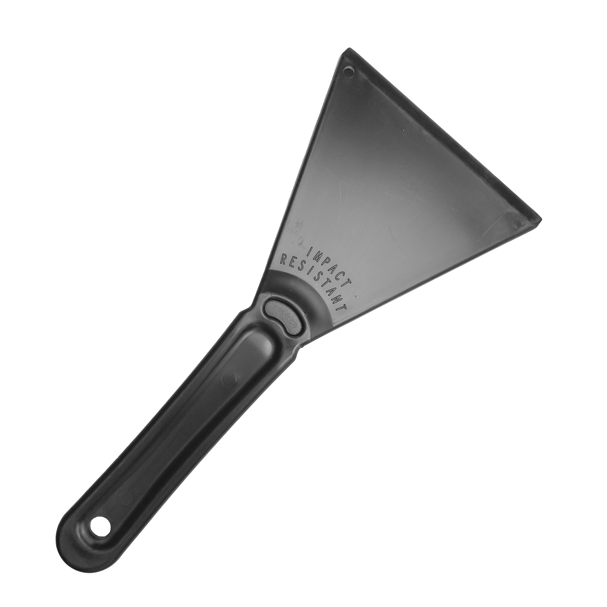 The Essential Car Windscreen Ice Scraper is perfect for frost and ice removal with its black, triangular-bladed design and plastic handle. The ergonomic grip ensures comfortable use, while a hole at the base allows for easy hanging. Made from durable materials, the blade is labeled "Impact Resistant," making it an indispensable tool for various cleaning tasks.