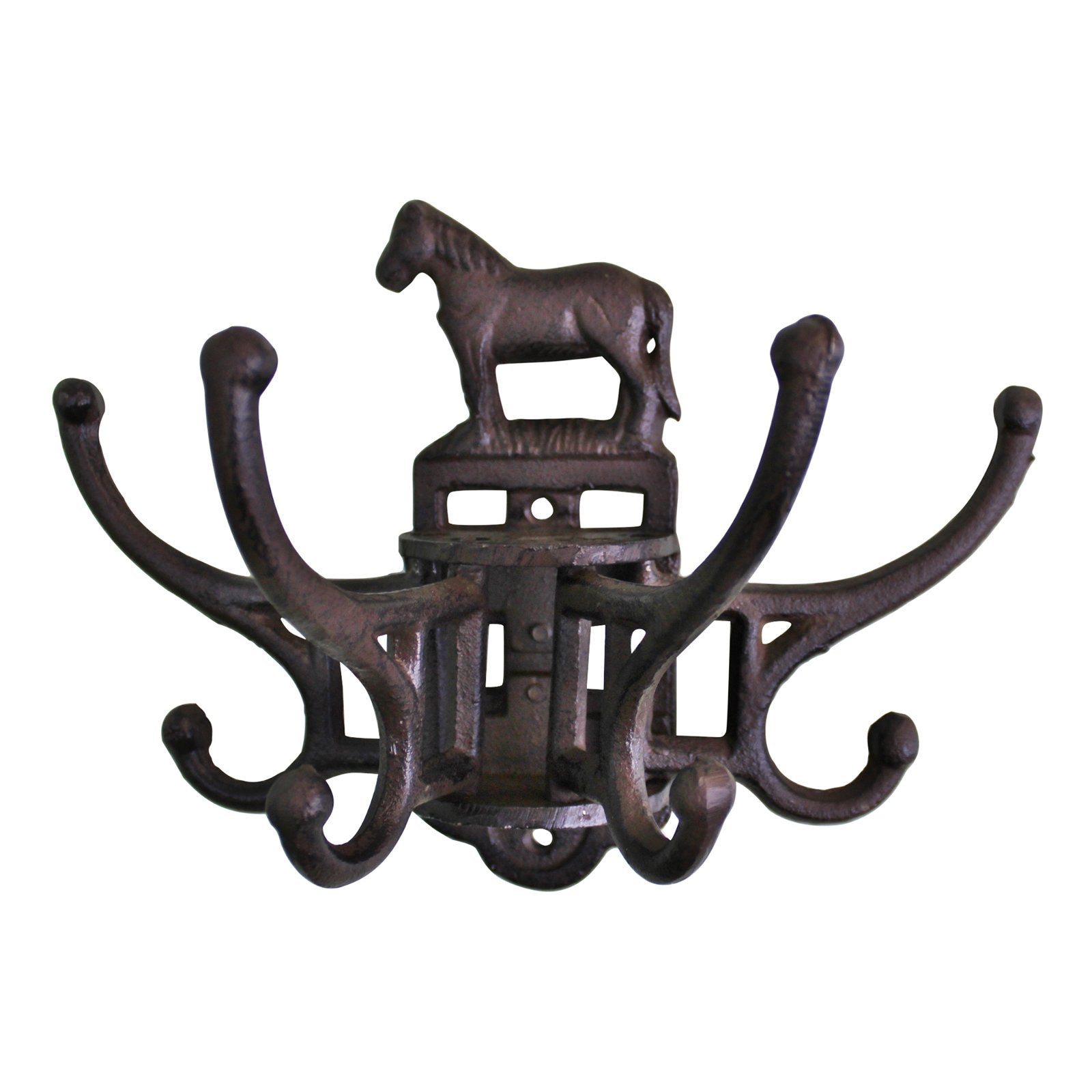 This rustic cast iron wall-mounted coat rack features a horse figurine and vintage-inspired design, complete with 8 rotating hooks for hanging items. It blends an antique decorative look with industrial elements.