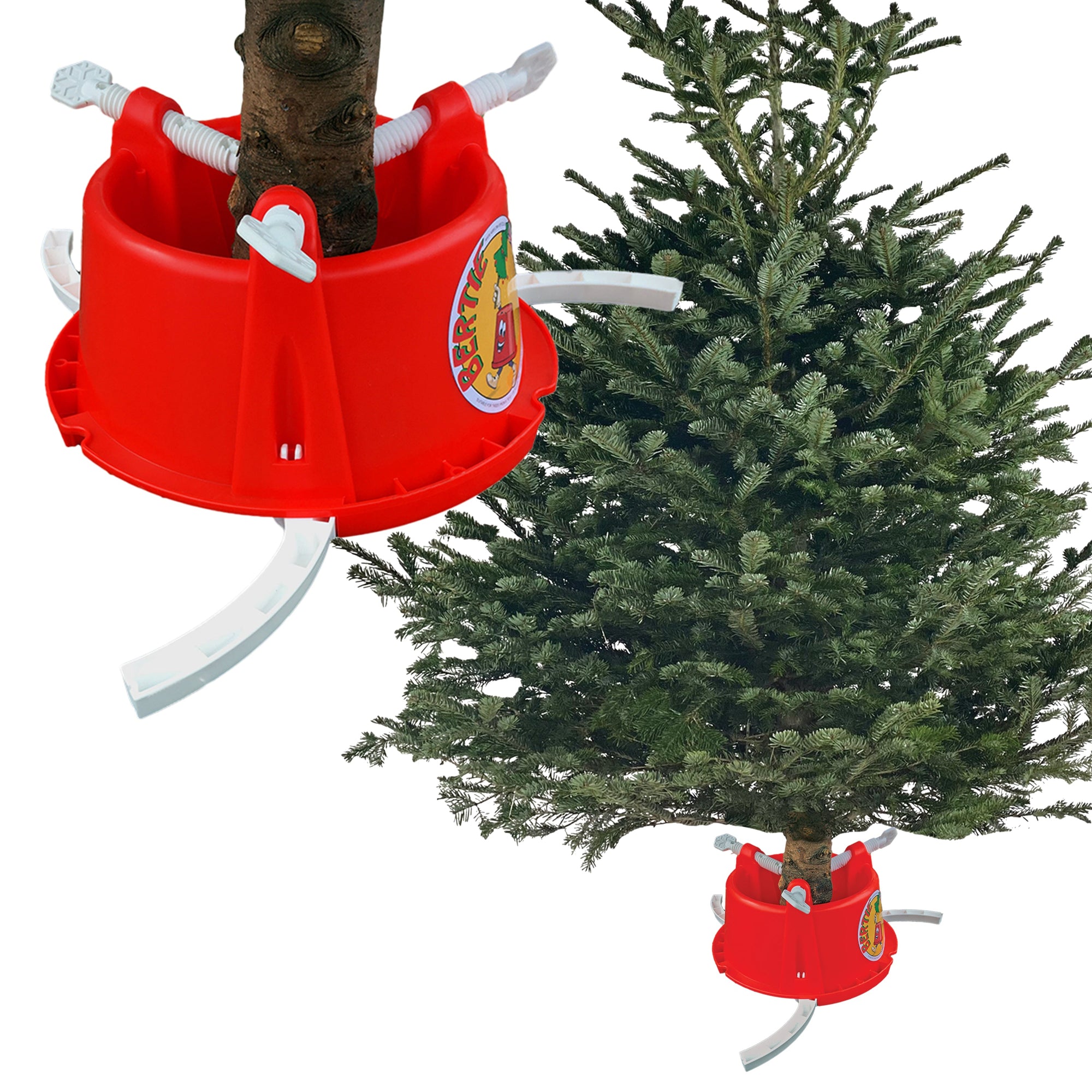 The Bertie Christmas Tree Stand, made of durable red plastic, offers sturdy support for your fresh green Christmas tree. The stand includes multiple white clamps to hold the trunk firmly in place. An enlarged view of the stand without the tree is shown, highlighting the clamps and a sticker on the stand—perfect for holiday decorating.