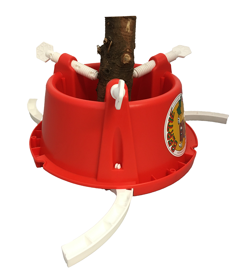 The Bertie Christmas Tree Stand, made of bright red plastic, securely holds the trunk with four white support arms. It includes adjustable white straps for sturdy support and features a colorful decorative sticker on the side. Ideal for efficient holiday decorating, it stands out beautifully against its white background.