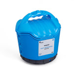 The Winter Plastic Twist & Shake Salt Spreader is a blue, portable device with a rounded top handle and a label reading "Winter Plastic Twist & Shake Salt Spreader." It features an adjustable flow rate with 10 settings and a sturdy, black base designed for easy salt dispersion. With its 5KG capacity, it's ideal for effective ice control during the winter season.