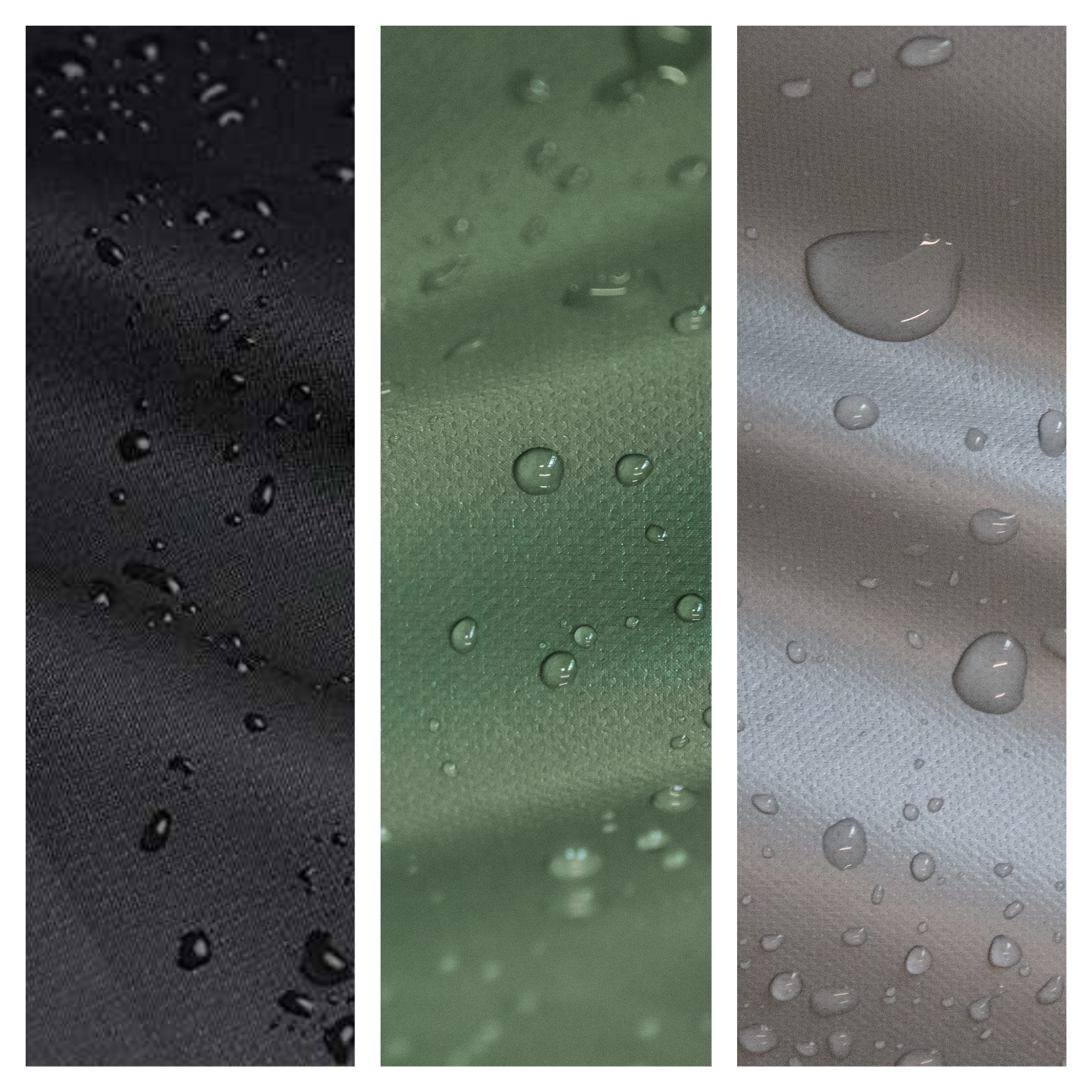 Three vertical panels of black, green, and gray fabric are shown with water droplets on their surfaces, demonstrating their waterproof protection. These UV-protected PVC materials make the Premium Extra Large (8-10 seater) Rectangular Patio Set Cover - 320 X 190 X 80 (H) cm ideal for outdoor furniture coverings.
