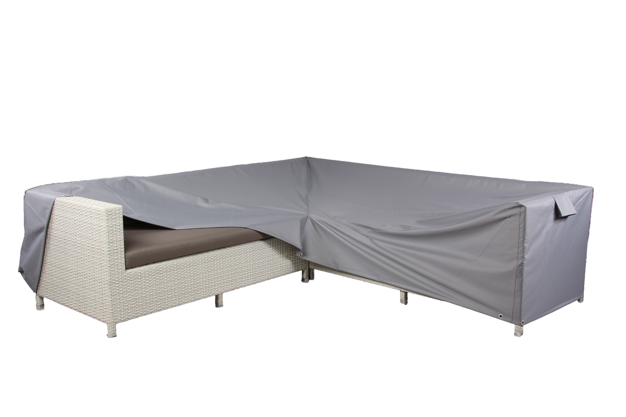 Gray UV-protected PVC cover partially covers a white wicker sectional outdoor sofa with brown cushions on a white background. The product is the Premium Modular Medium L Shaped Dining Cover (left side long) - 260/184 X 210/134 X 76 (D) X 60/82 (H).