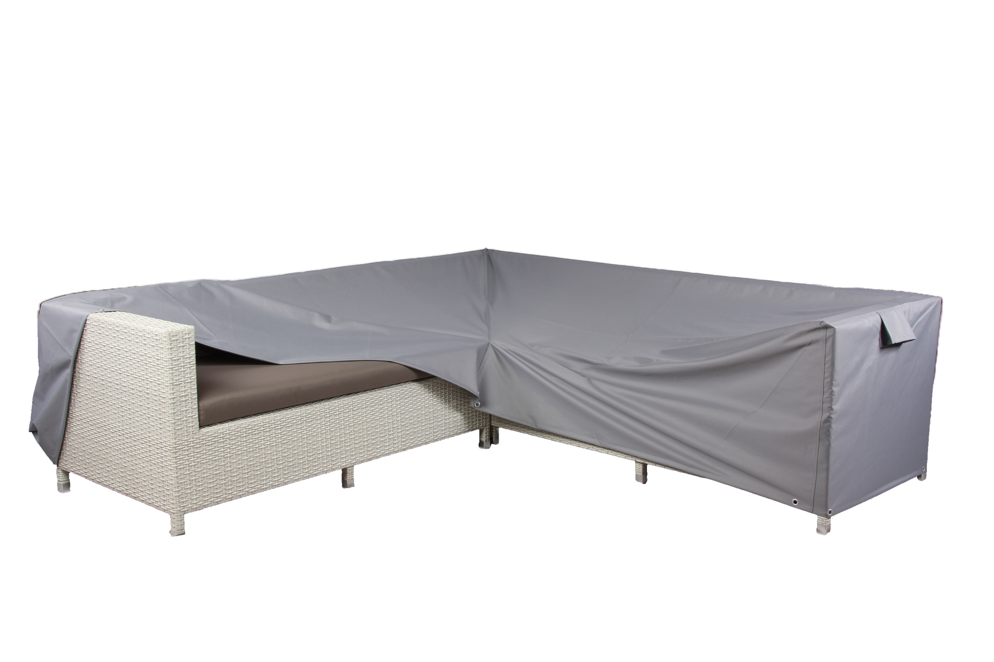 A light gray, UV-protected Premium Modular Medium L Shaped Dining Cover (right side long) partially drapes over a white wicker sectional sofa with brown cushions; Table size: 155 x 95 x 68 H, shown against a plain white background.