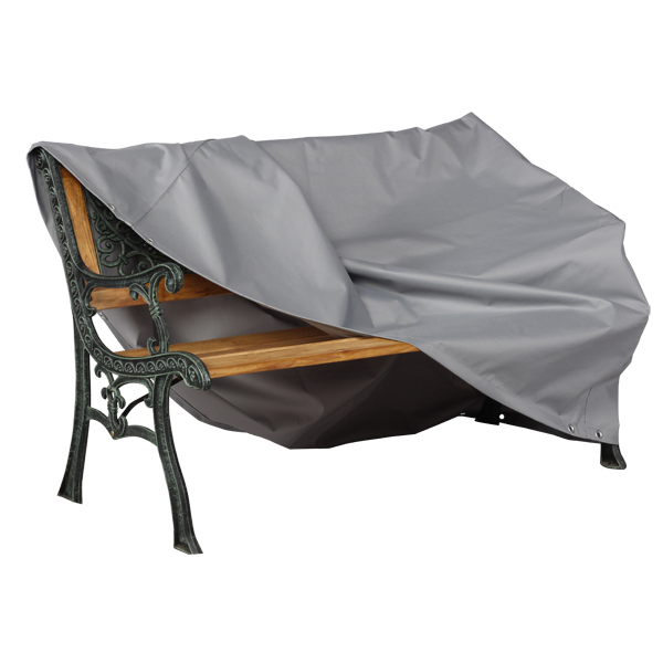 A Premium 1.5m (5ft) 3 Seater Bench is partially covered by a grey PVC cover measuring 160 x 66 x 63/89 (H) cm. This UV-protected, waterproof cover drapes over the bench's back and seat, leaving some parts exposed.